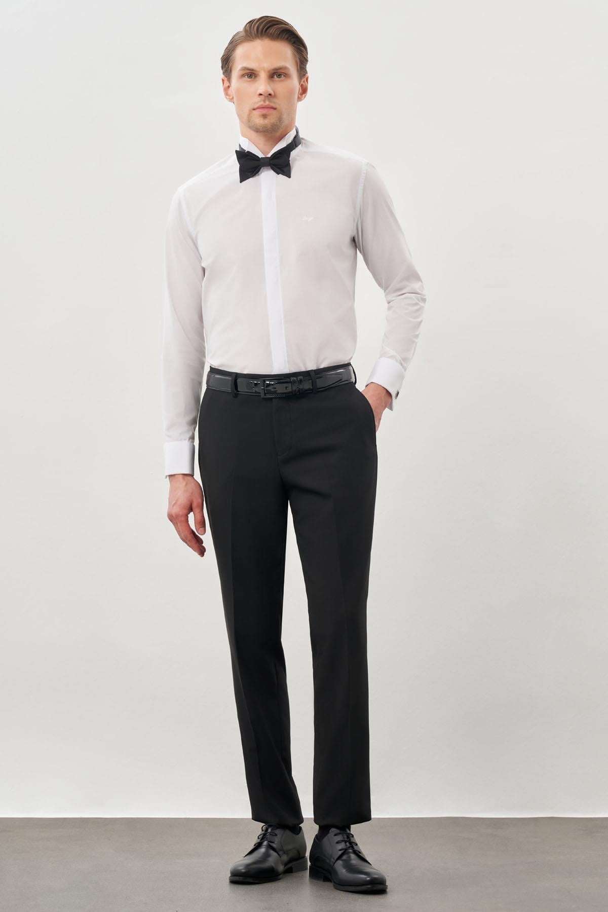Beyaz Uzun Kol Düz Bez Ayağı Ata Yaka Cepsiz Pamuklu Basic Slim Fit Gömlek 1004245060