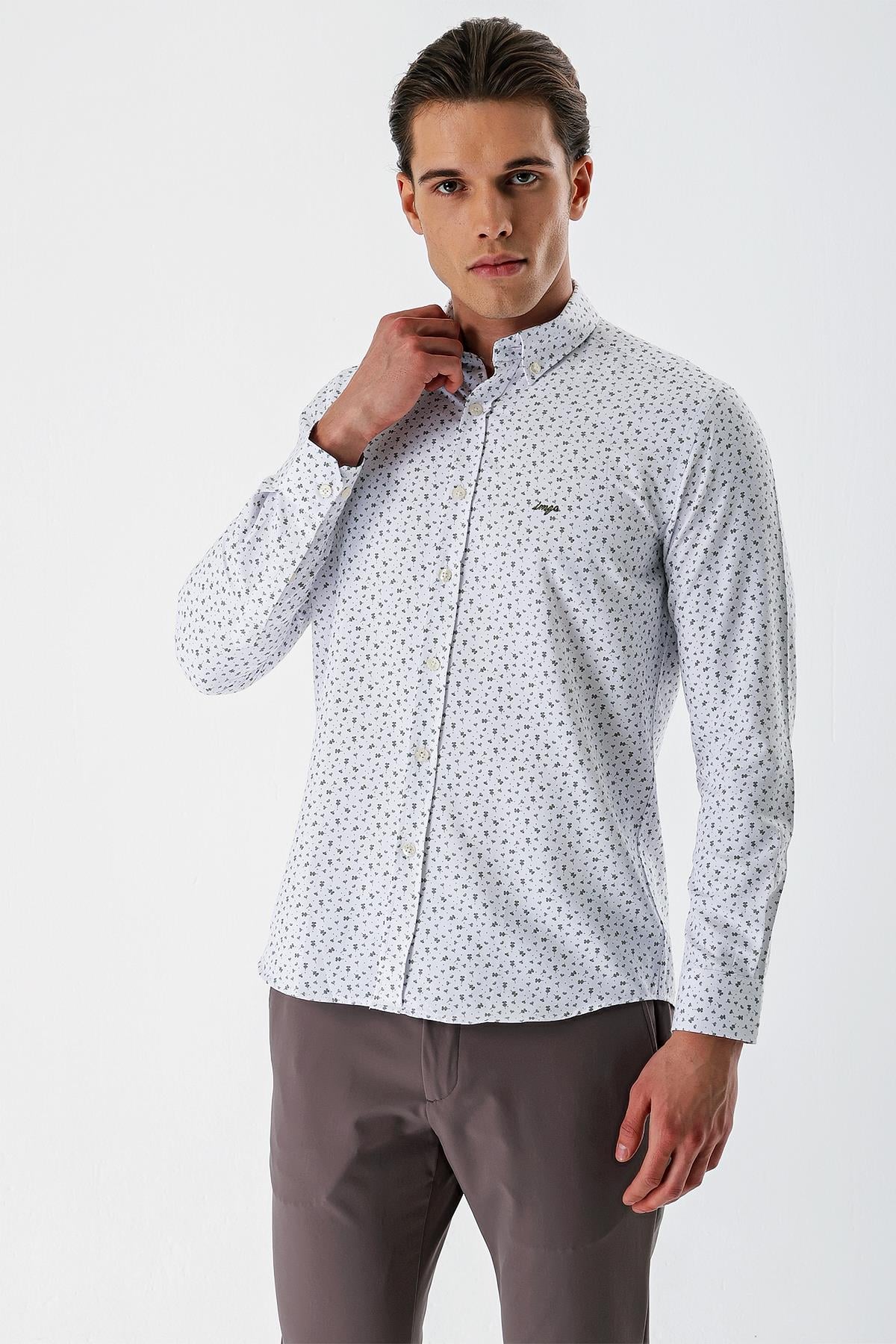 Beyaz Uzun Kollu Baskılı Bez Ayağı Düğmeli Yaka Cepsiz Pamuklu Slim Fit Gömlek 1004235170