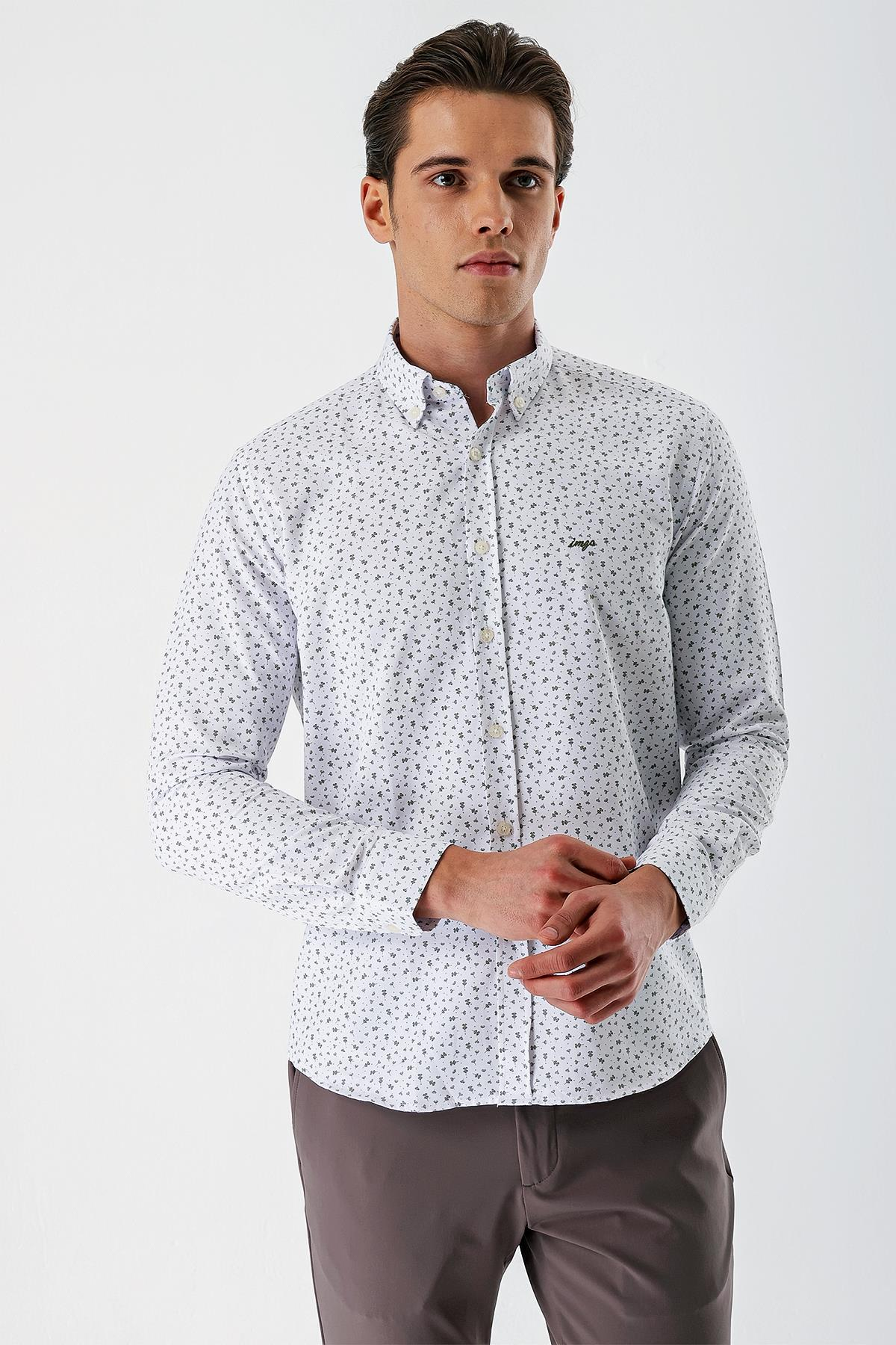 Beyaz Uzun Kollu Baskılı Bez Ayağı Düğmeli Yaka Cepsiz Pamuklu Slim Fit Gömlek 1004235170