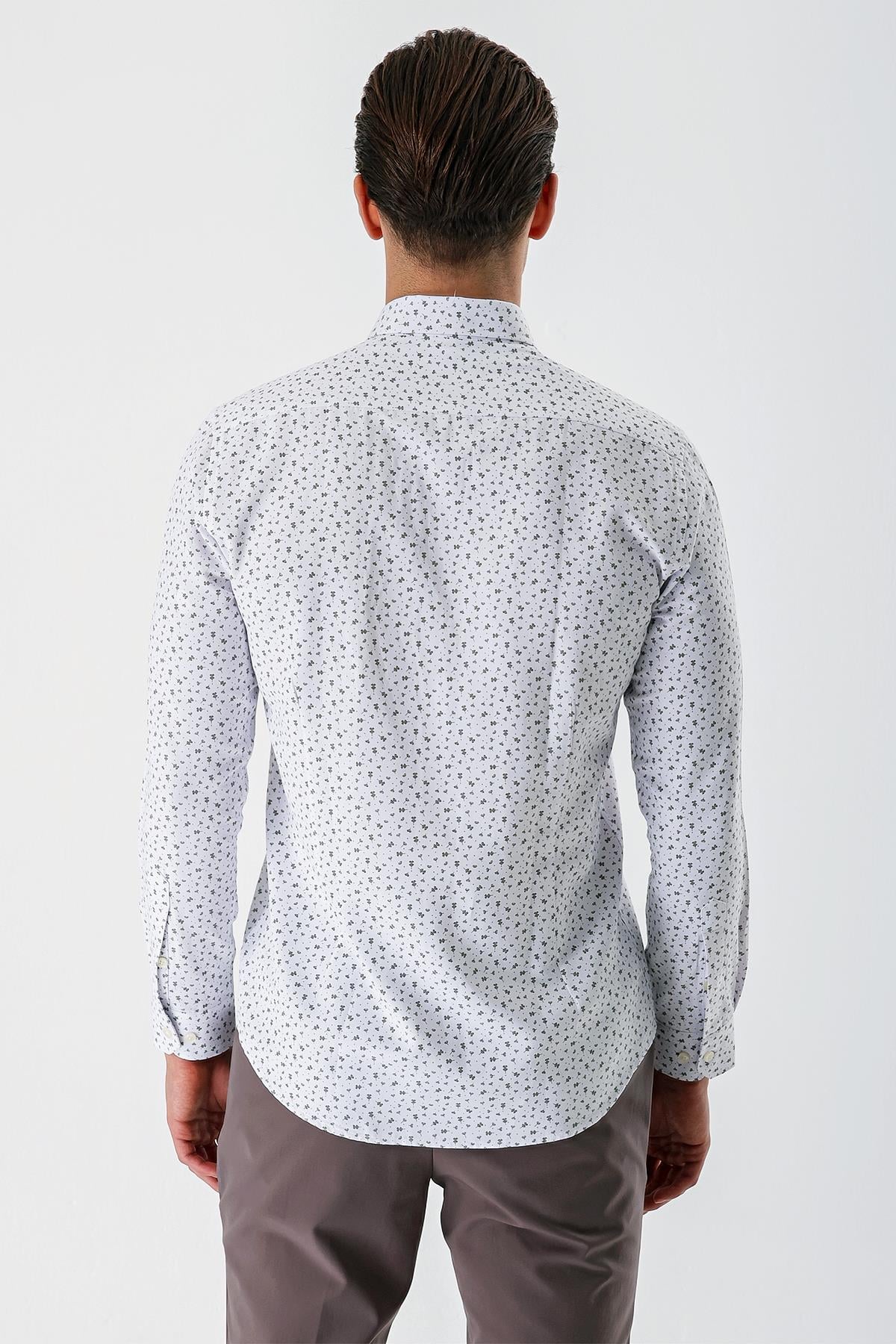 Beyaz Uzun Kollu Baskılı Bez Ayağı Düğmeli Yaka Cepsiz Pamuklu Slim Fit Gömlek 1004235170