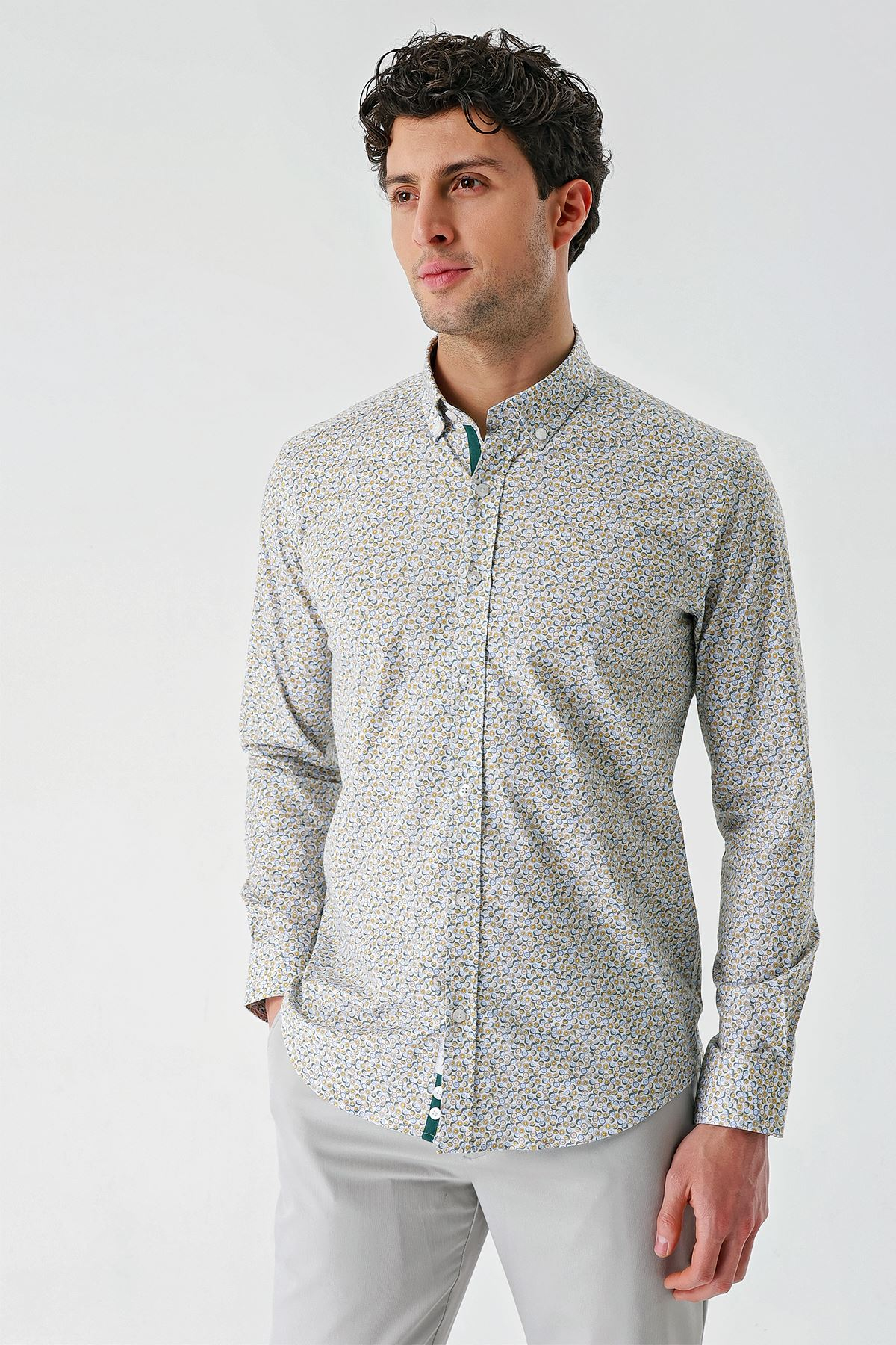 Uzun Kollu Baskılı Cepsiz Biyeli Pamuklu Likralı Slim Fit Gömlek 1004240141