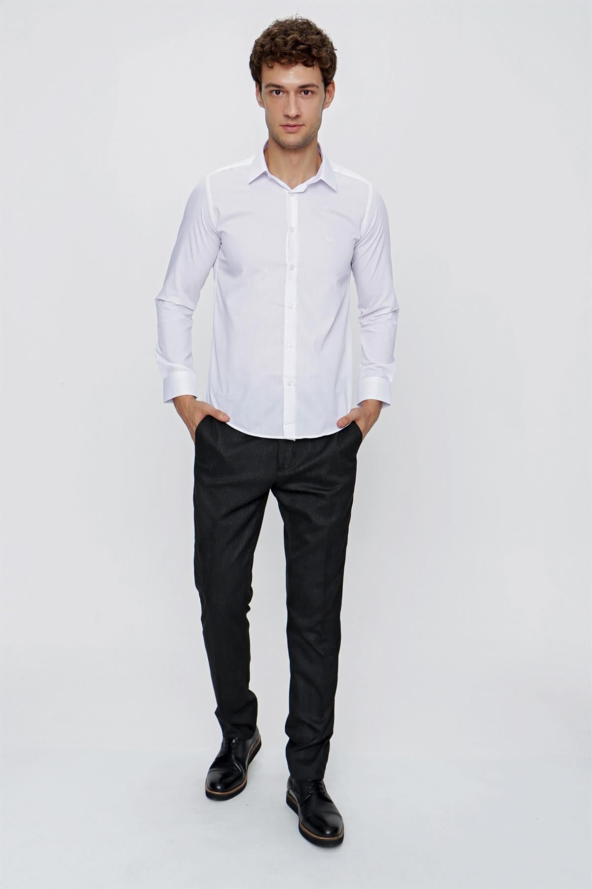 Uzun Kollu Bez Ayağı Sert Yaka Cepsiz Pamuklu Basic Slim Fit Dar Kesim Gömlek 1004240057