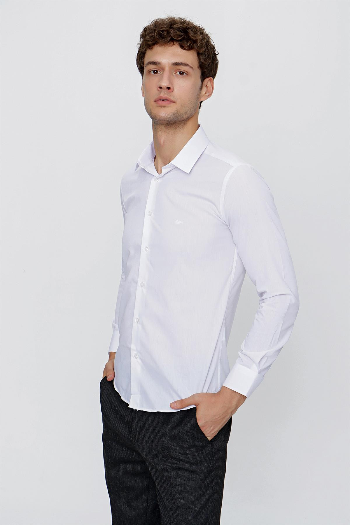 Uzun Kollu Bez Ayağı Sert Yaka Cepsiz Pamuklu Basic Slim Fit Dar Kesim Gömlek 1004240057