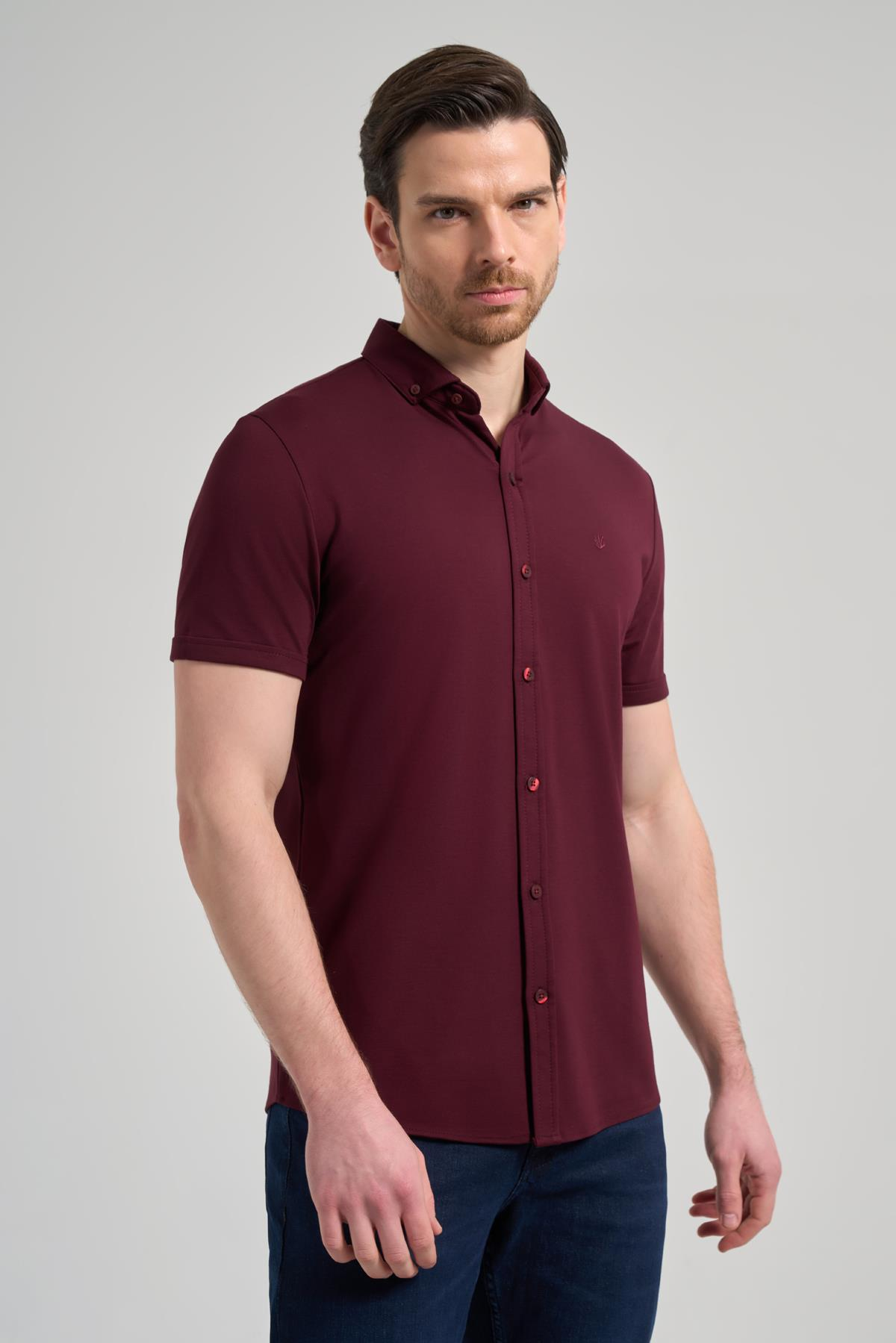 Bordo Kısa Kol Düz Örme İtalyan Yaka Cepsiz Pamuklu Classic Slim Fit Gömlek 1004250156