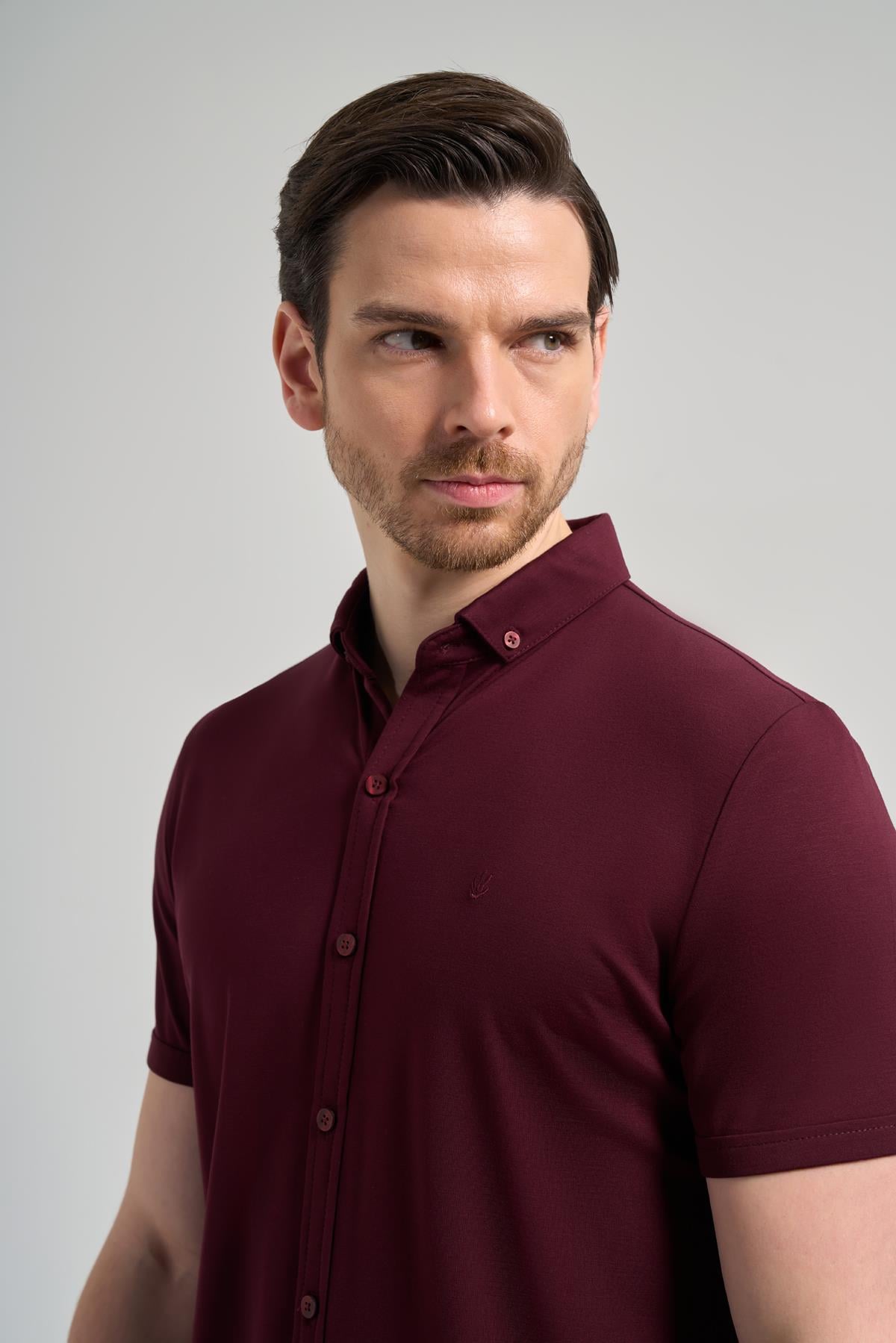Bordo Kısa Kol Düz Örme İtalyan Yaka Cepsiz Pamuklu Classic Slim Fit Gömlek 1004250156