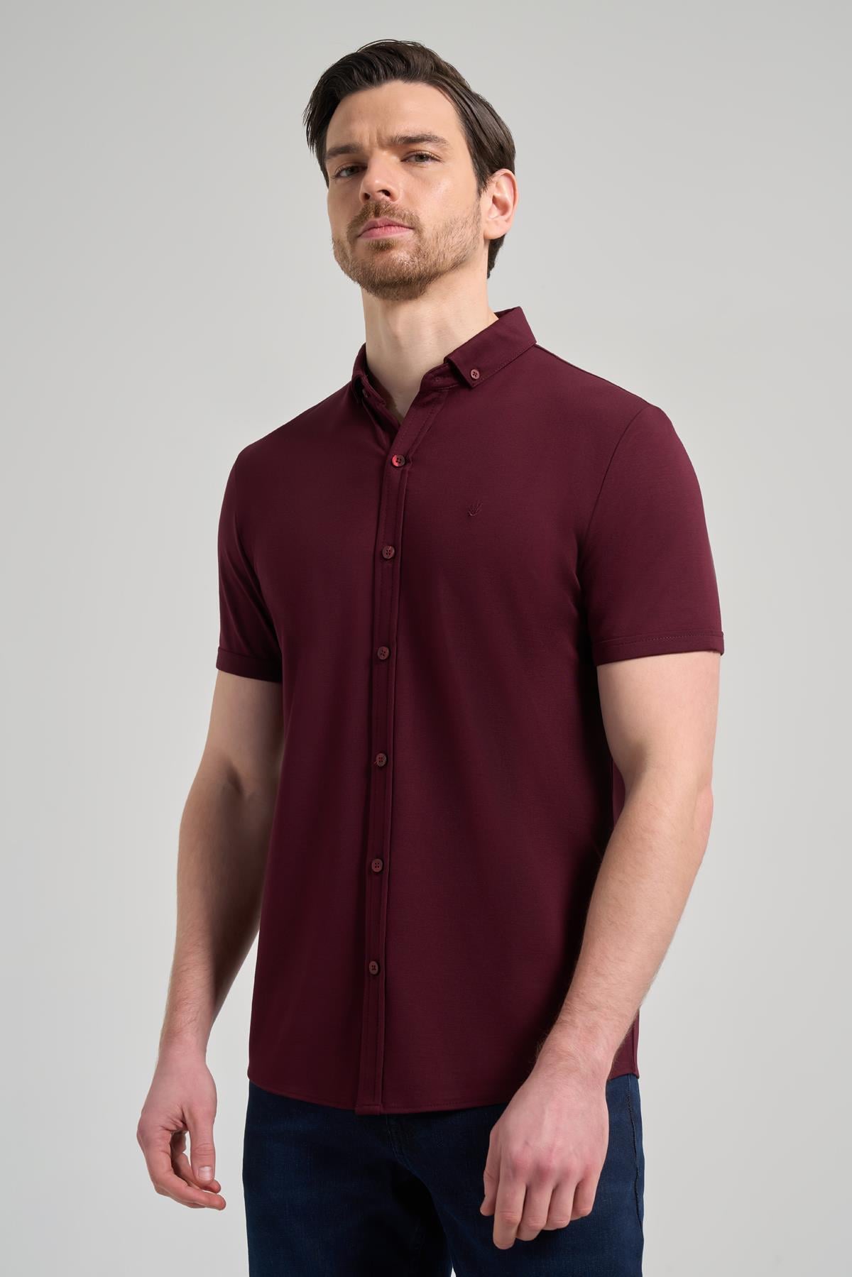 Bordo Kısa Kol Düz Örme İtalyan Yaka Cepsiz Pamuklu Classic Slim Fit Gömlek 1004250156
