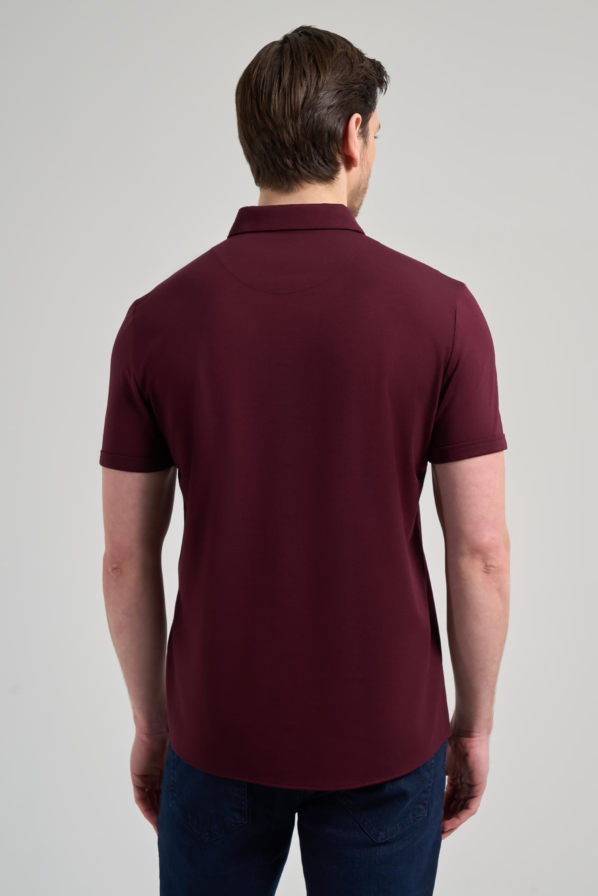 Bordo Kısa Kol Düz Örme İtalyan Yaka Cepsiz Pamuklu Classic Slim Fit Gömlek 1004250156