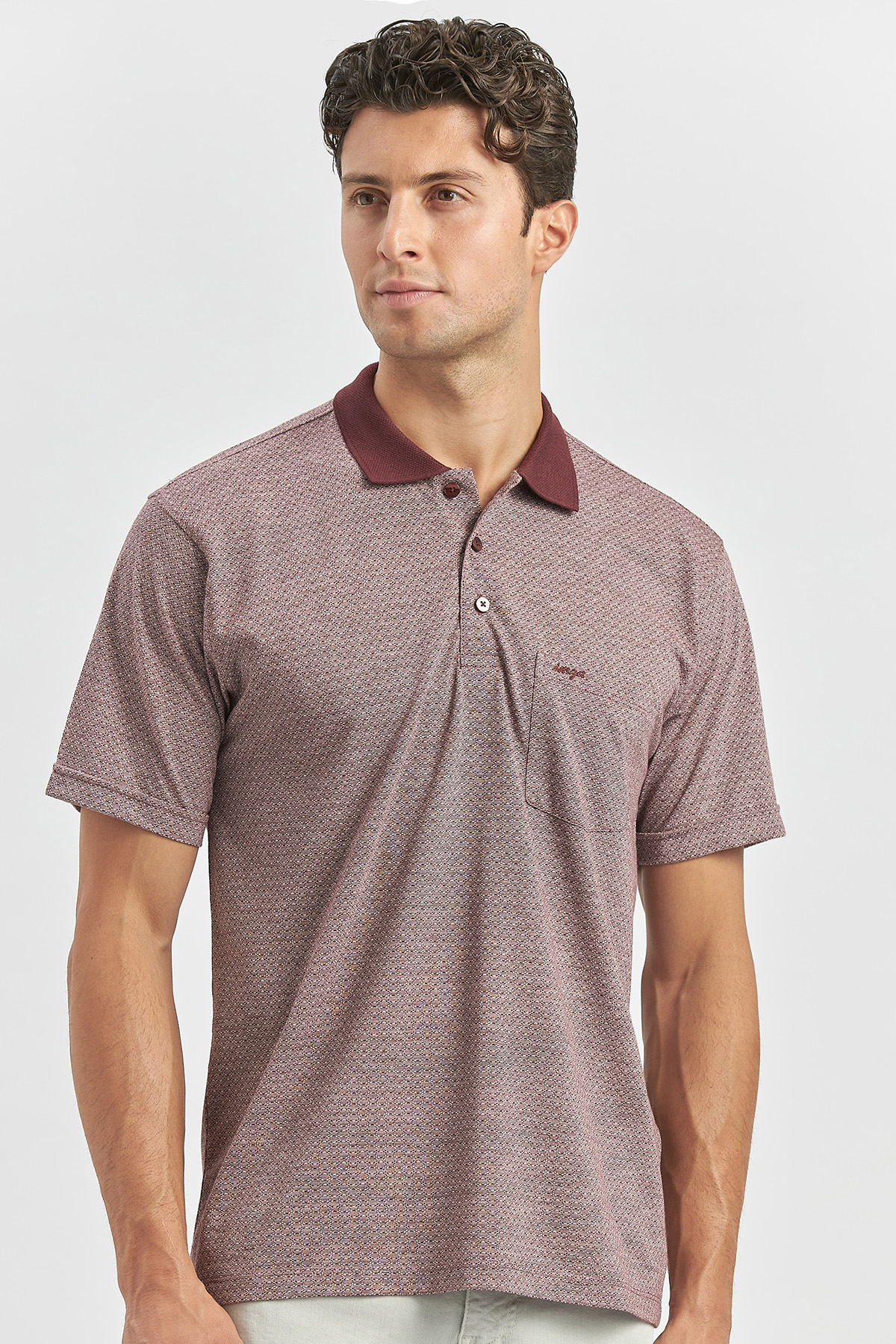 Bordo Kısa Kol Kendinden Desenli Jakarlı Polo Yaka Classic Comfort Fit Tişört 1011240190