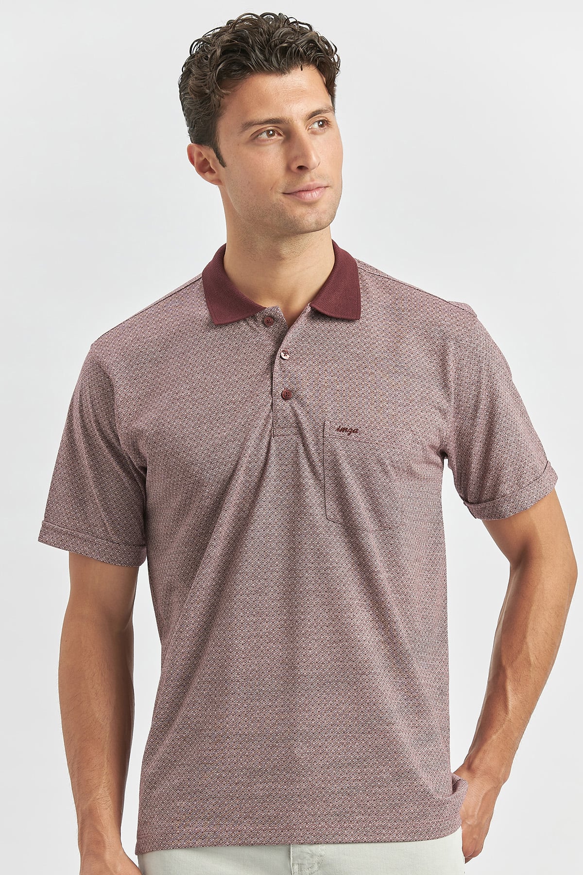 Bordo Kısa Kol Kendinden Desenli Jakarlı Polo Yaka Classic Comfort Fit Tişört 1011240190