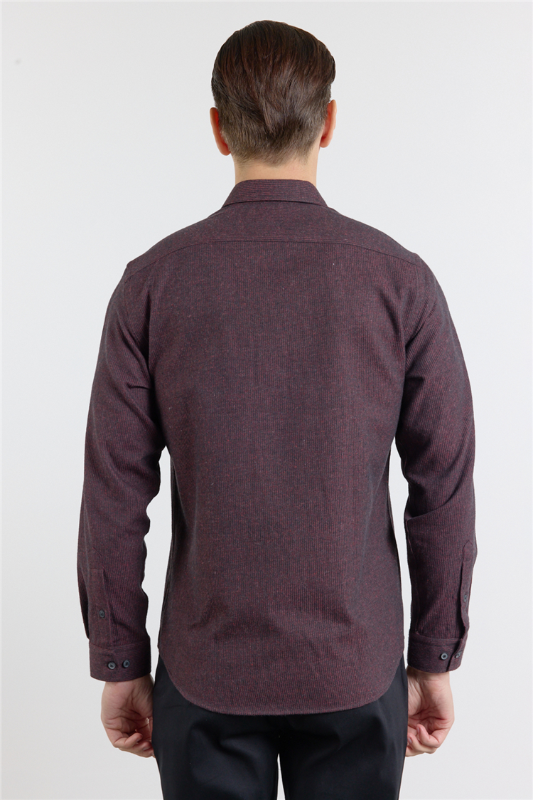 Bordo-Siyah Düğmeli Yaka Uzun Kol Cepsiz Slim Fit Pamuklu Gömlek 1004255233