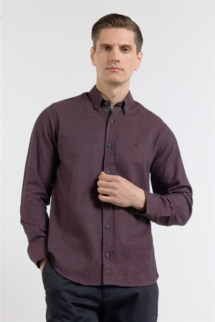 Bordo-Siyah Düğmeli Yaka Uzun Kol Cepsiz Slim Fit Pamuklu Gömlek 1004255233