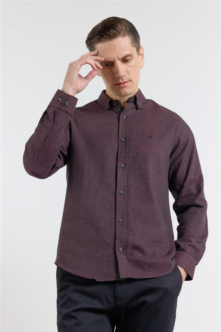 Bordo-Siyah Düğmeli Yaka Uzun Kol Cepsiz Slim Fit Pamuklu Gömlek 1004255233