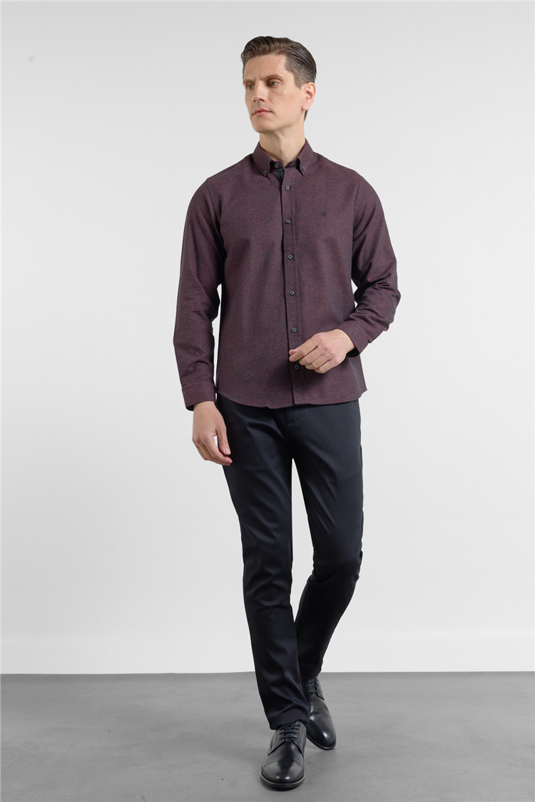 Bordo-Siyah Düğmeli Yaka Uzun Kol Cepsiz Slim Fit Pamuklu Gömlek 1004255233