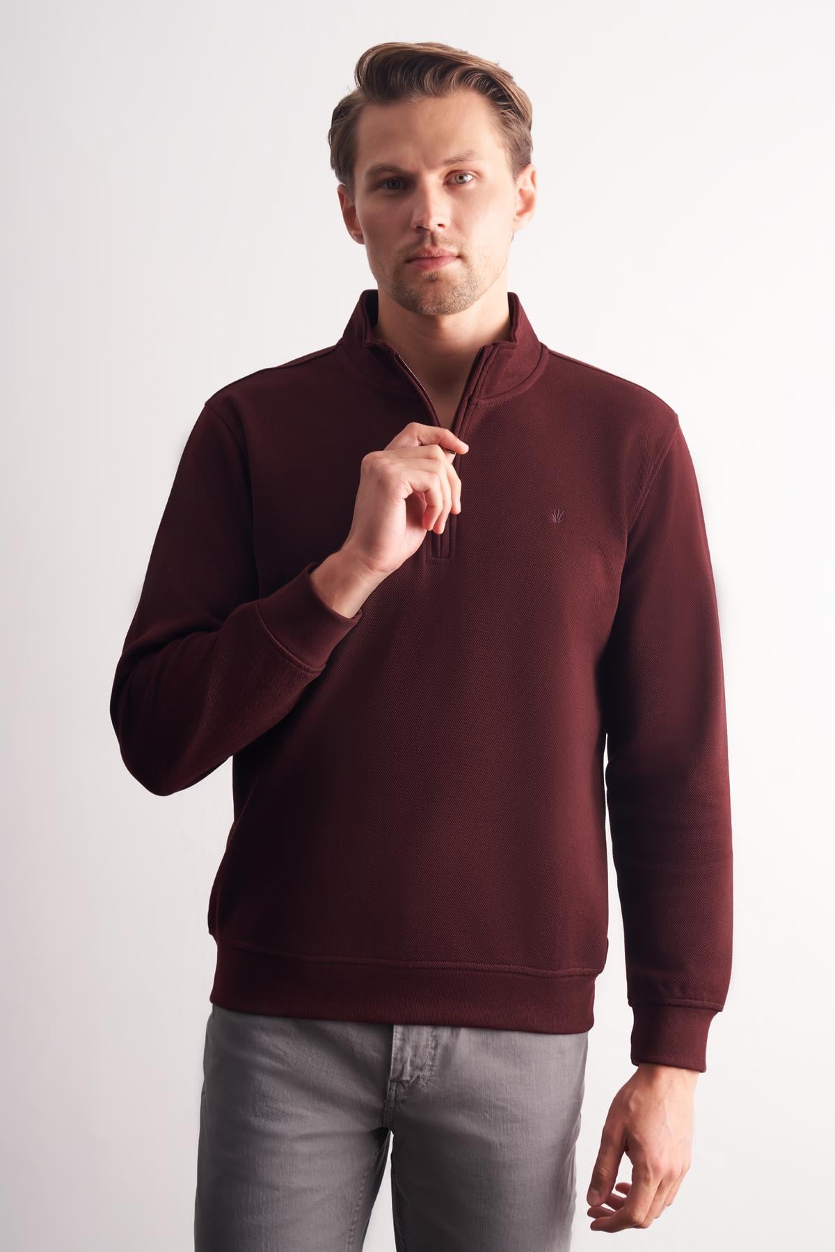Uzun Kol Dik Yaka Düz Pamuklu Comfort Fit Sweatshirt 1013255151