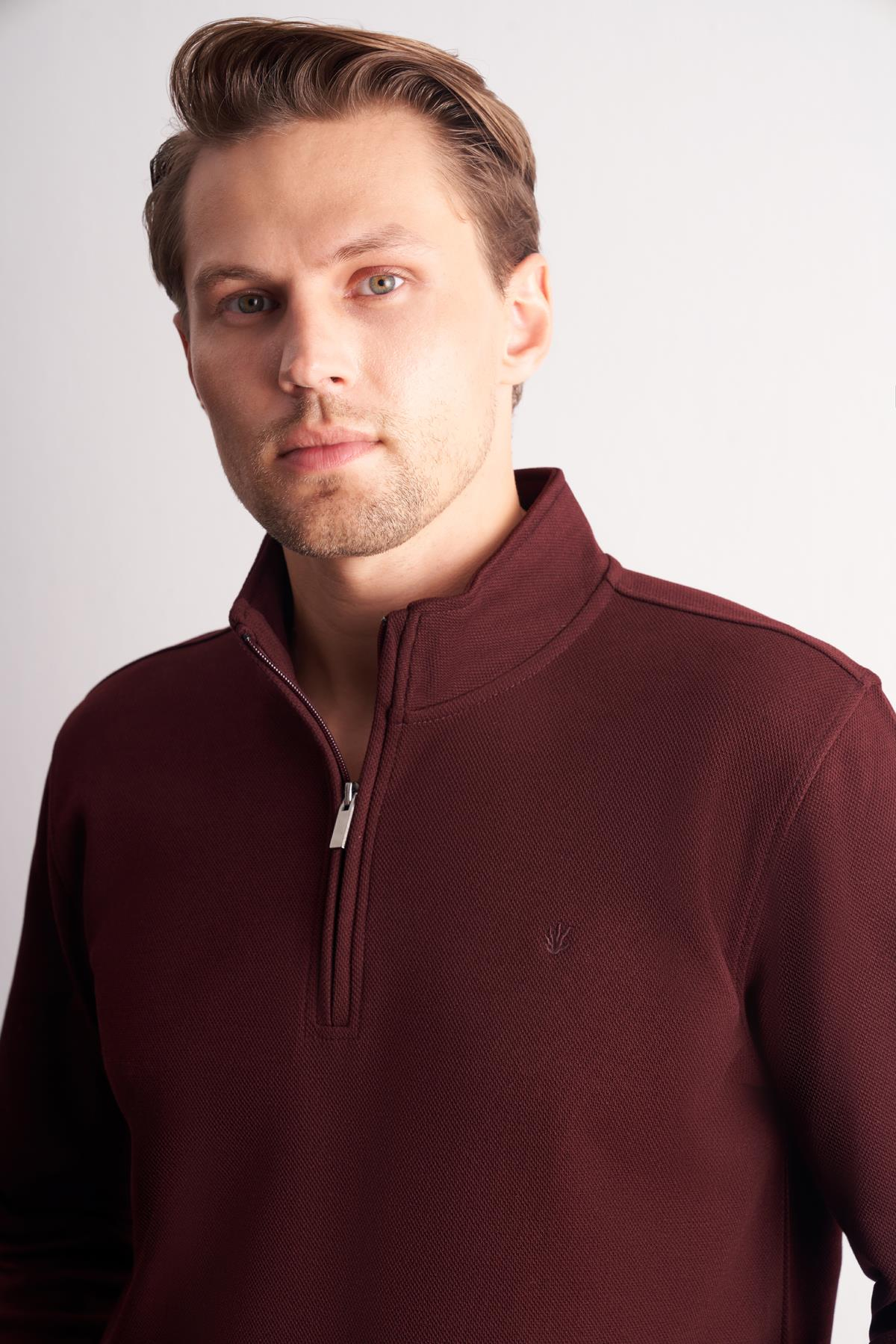 Uzun Kol Dik Yaka Düz Pamuklu Comfort Fit Sweatshirt 1013255151