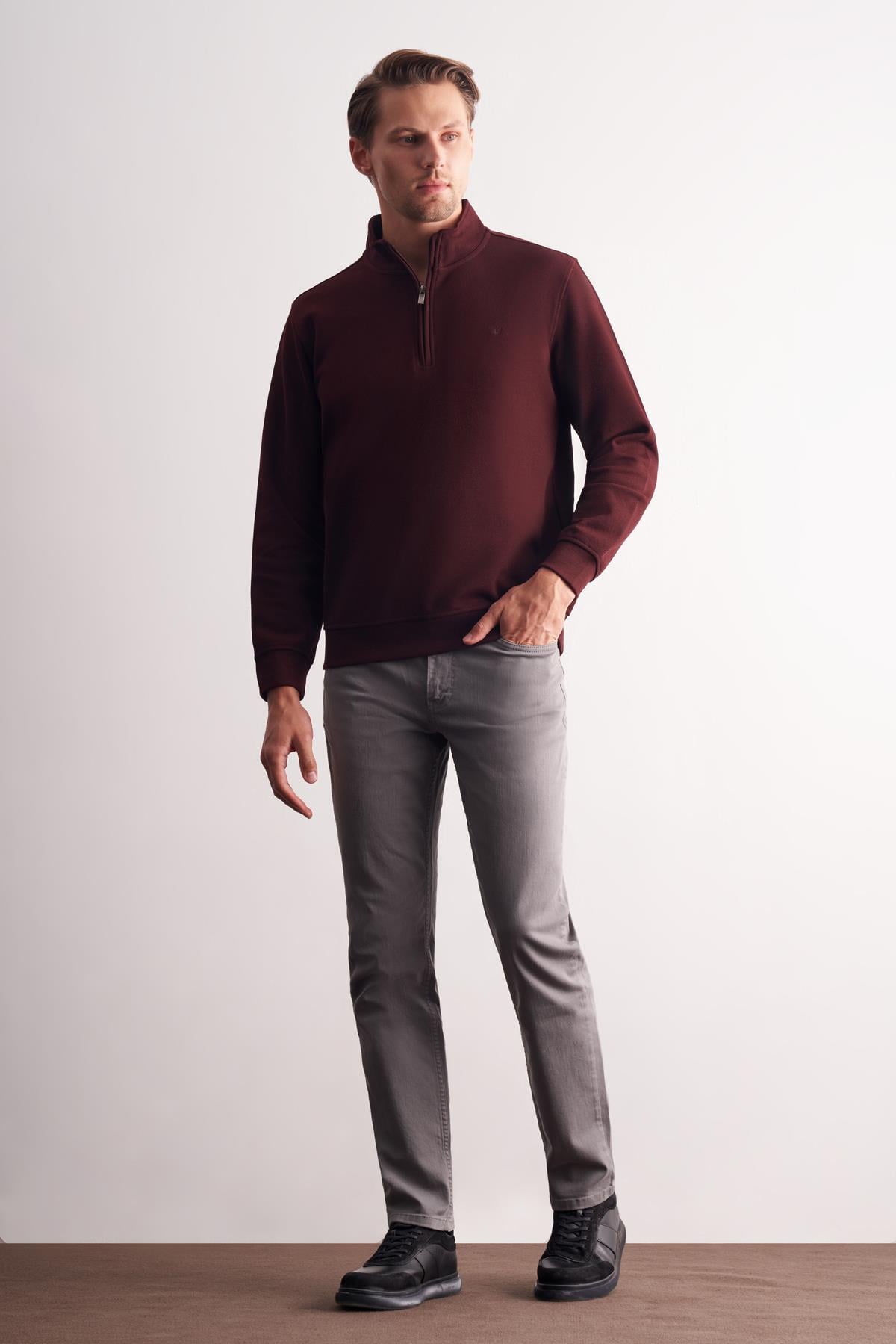 Uzun Kol Dik Yaka Düz Pamuklu Comfort Fit Sweatshirt 1013255151