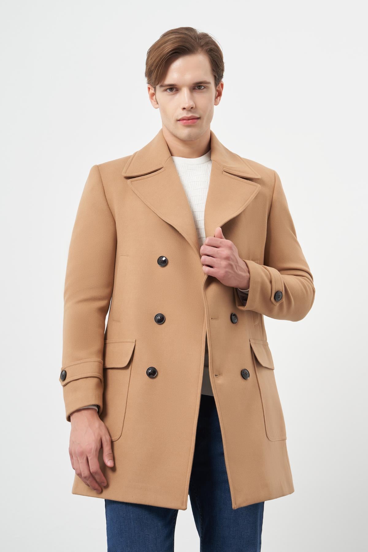 Kırlangıç Yaka Esnek Slim Fit Classic Kaşe Kruvaze Palto 1005245151