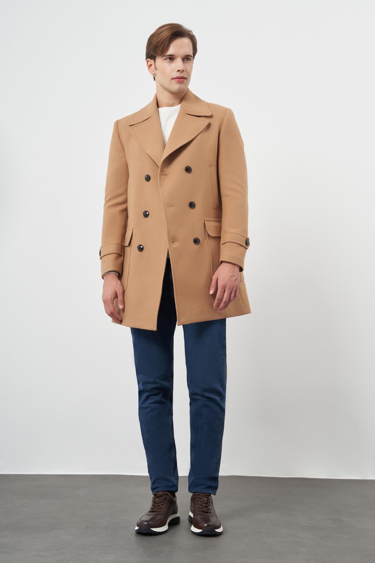 Kırlangıç Yaka Esnek Slim Fit Classic Kaşe Kruvaze Palto 1005245151
