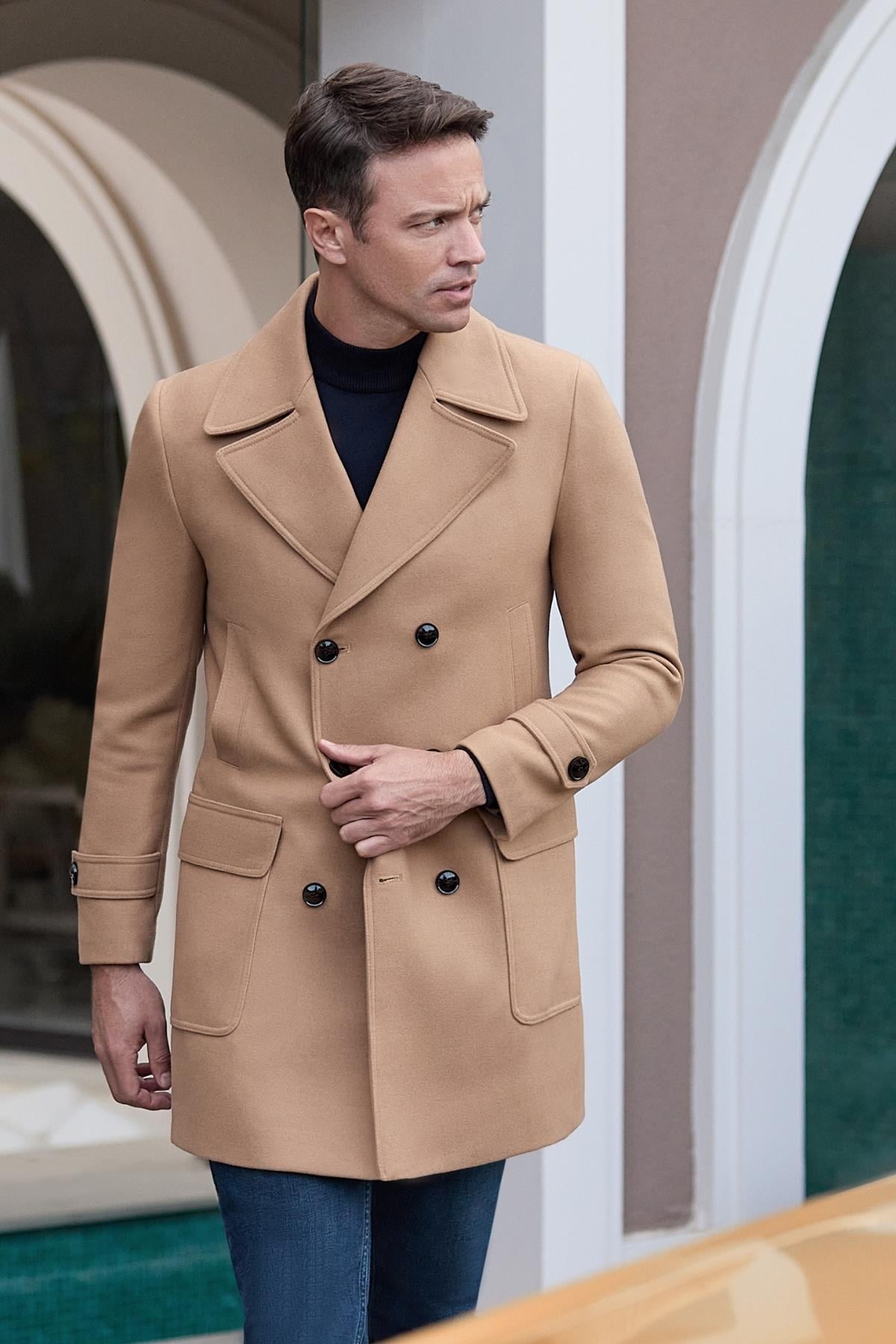 Kırlangıç Yaka Esnek Slim Fit Classic Kaşe Kruvaze Palto 1005245151