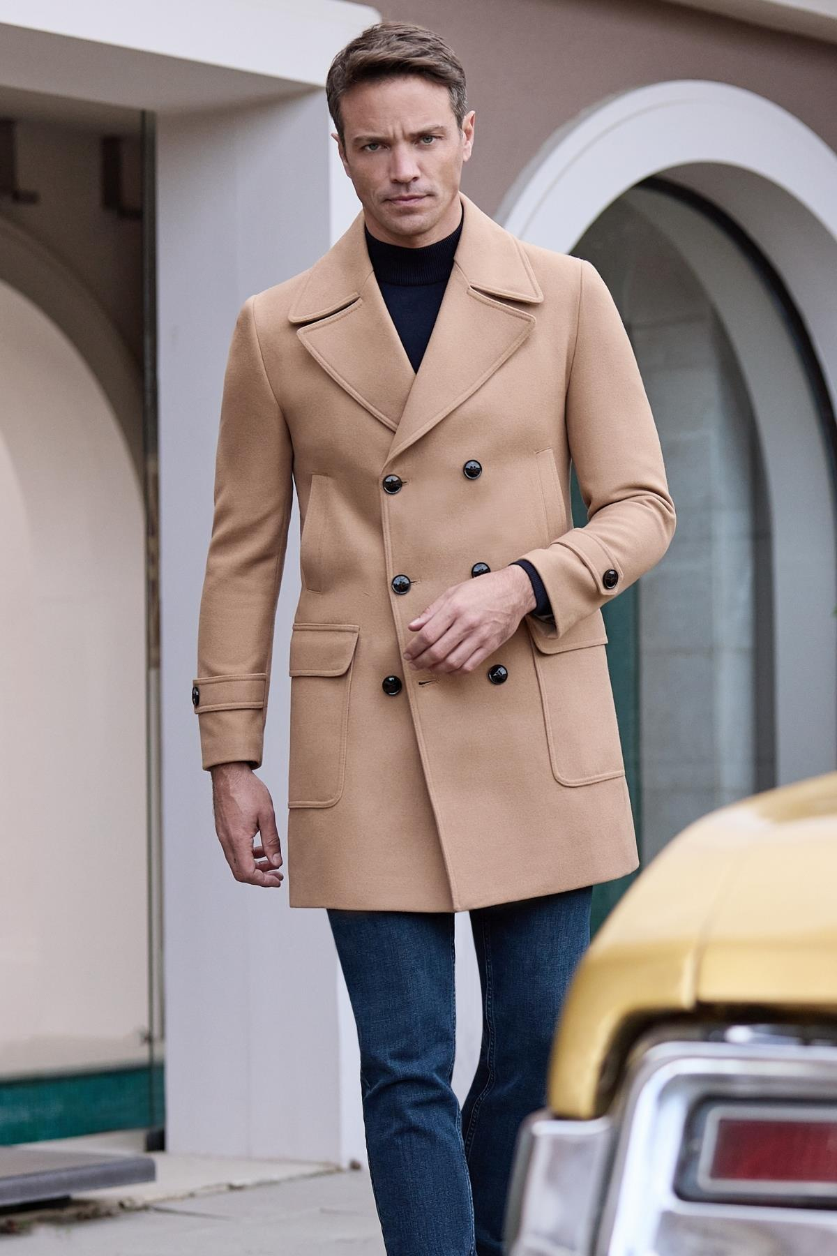 Kırlangıç Yaka Esnek Slim Fit Classic Kaşe Kruvaze Palto 1005245151