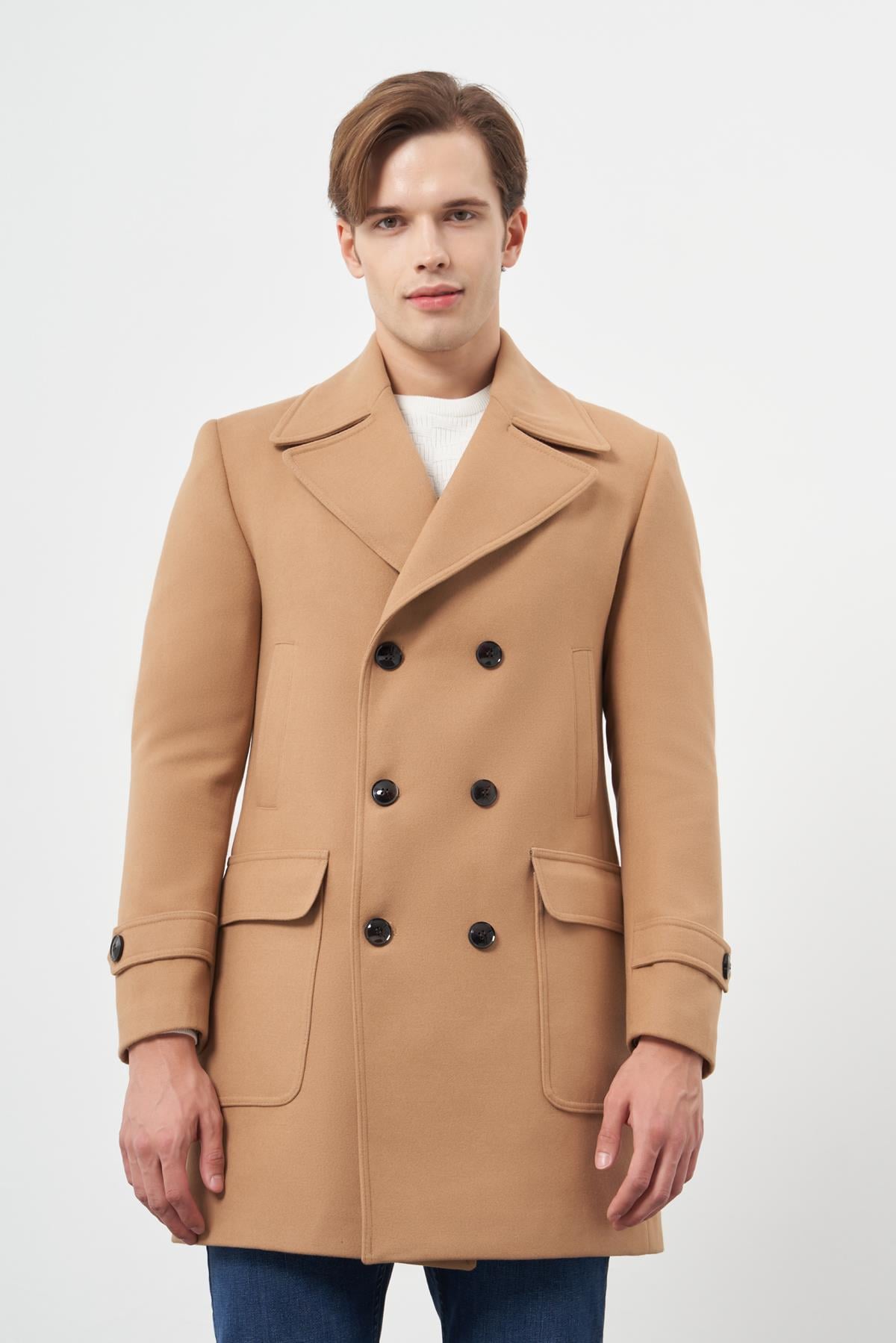 Kırlangıç Yaka Esnek Slim Fit Classic Kaşe Kruvaze Palto 1005245151