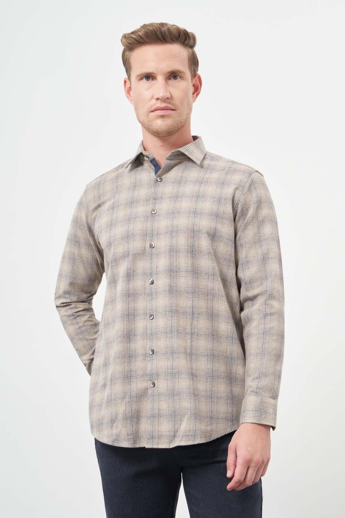 Camel Uzun Kol Ekose Desen Gabardin Cepsiz Pamuklu Classic Comfort Fit Gömlek 1004245165