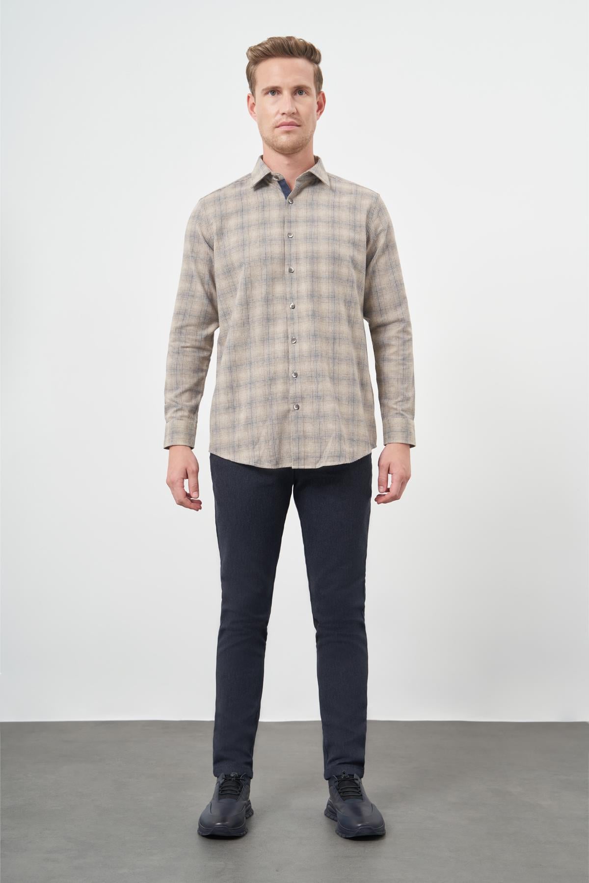 Camel Uzun Kol Ekose Desen Gabardin Cepsiz Pamuklu Classic Comfort Fit Gömlek 1004245165