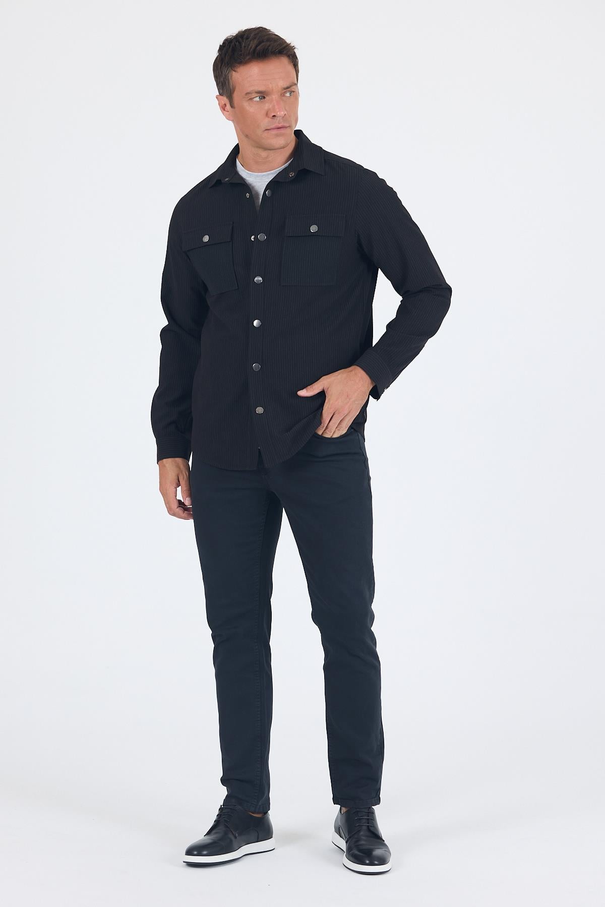Siyah Desenli Gömlek Yaka  Esnek Comfort Fit Mont 1007250117