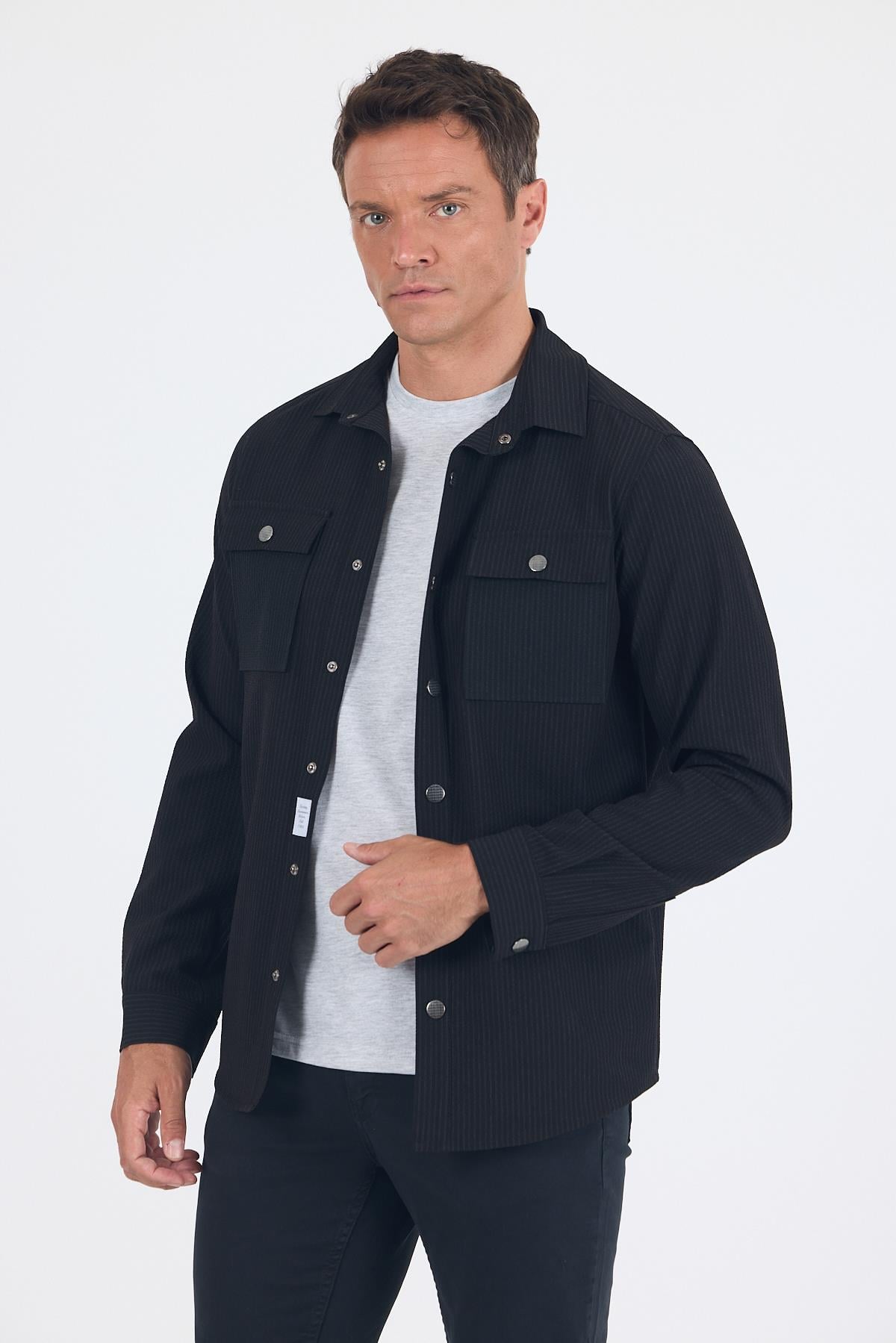 Siyah Desenli Gömlek Yaka  Esnek Comfort Fit Mont 1007250117