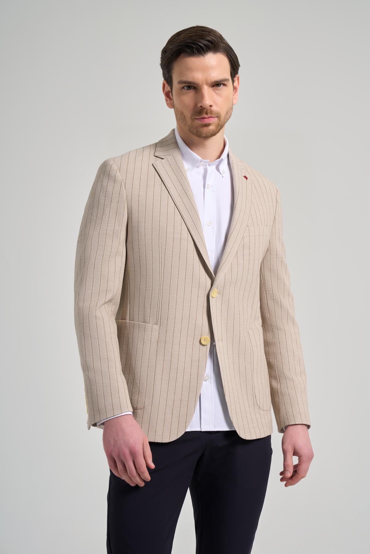 Çizgili Desen Gofreli Mono Yaka Malzemesiz Esnek 6 Drop Slim Fit Ceket 1002250122
