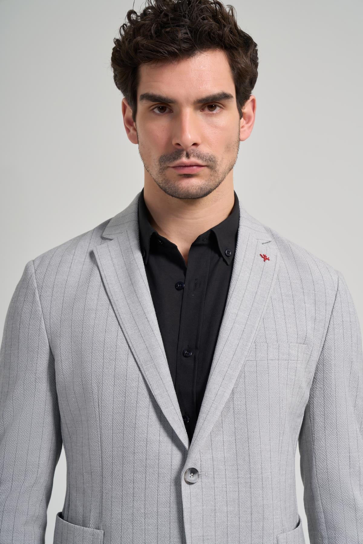 Çizgili Desen Gofreli Mono Yaka Malzemesiz Esnek 6 Drop Slim Fit Ceket 1002250122