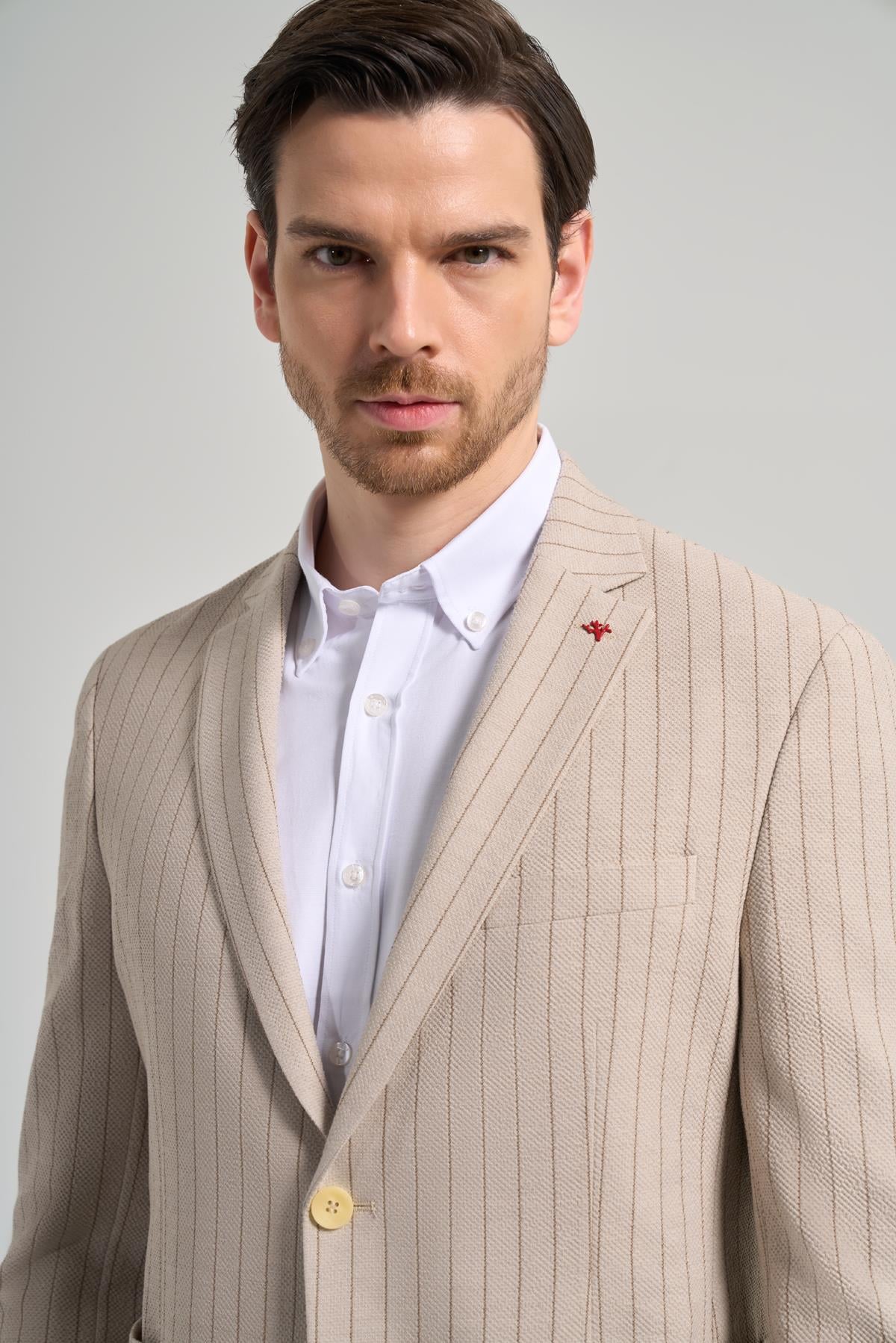 Çizgili Desen Gofreli Mono Yaka Malzemesiz Esnek 6 Drop Slim Fit Ceket 1002250122