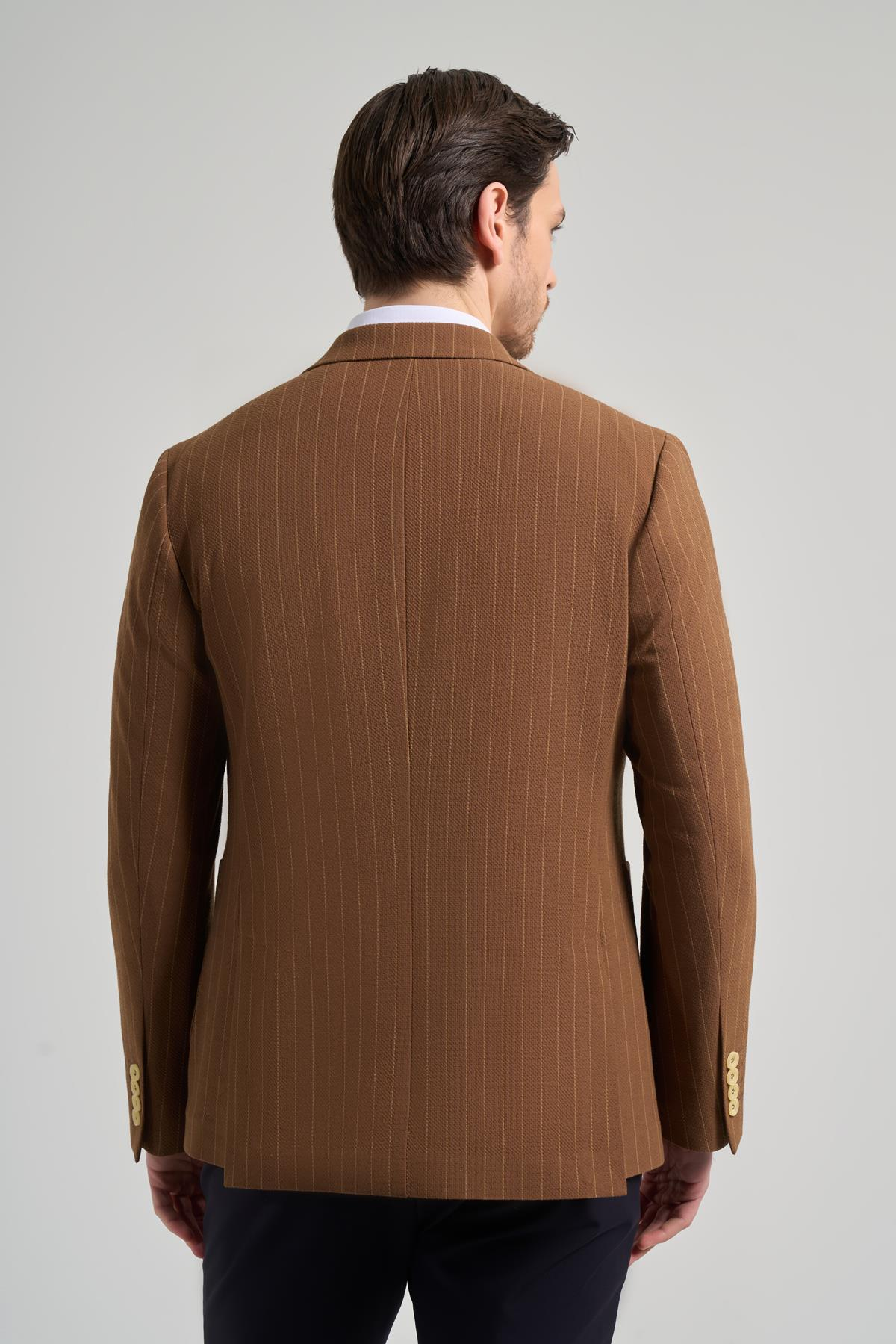 Camel Çizgili Desen Gofreli Mono Yaka Esnek 6 Drop Slim Fit Ceket 1002250122