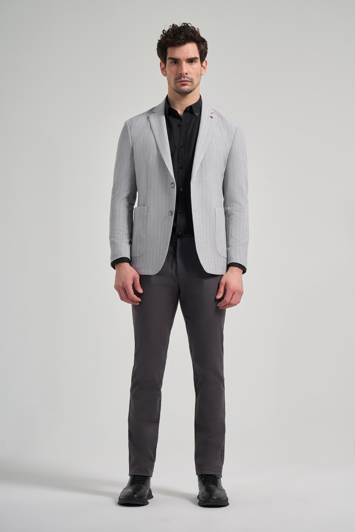 Çizgili Desen Gofreli Mono Yaka Malzemesiz Esnek 6 Drop Slim Fit Ceket 1002250122