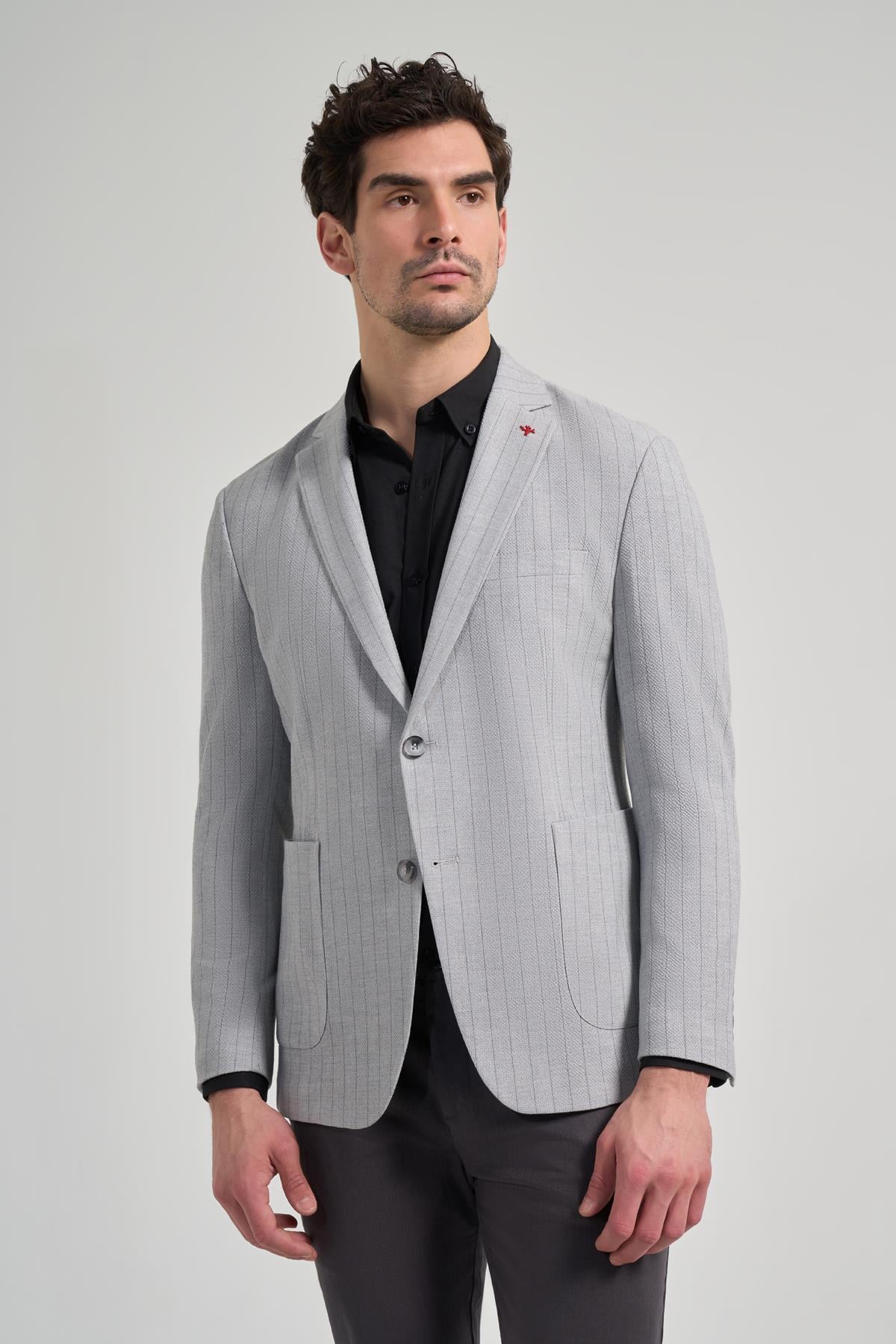 Çizgili Desen Gofreli Mono Yaka Malzemesiz Esnek 6 Drop Slim Fit Ceket 1002250122