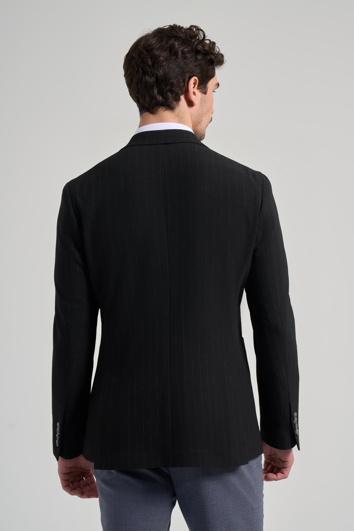 Çizgili Desen Gofreli Mono Yaka Malzemesiz Esnek 6 Drop Slim Fit Ceket 1002250122
