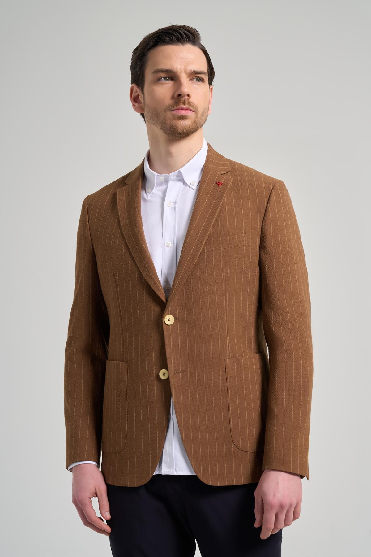 Camel Çizgili Desen Gofreli Mono Yaka Esnek 6 Drop Slim Fit Ceket 1002250122