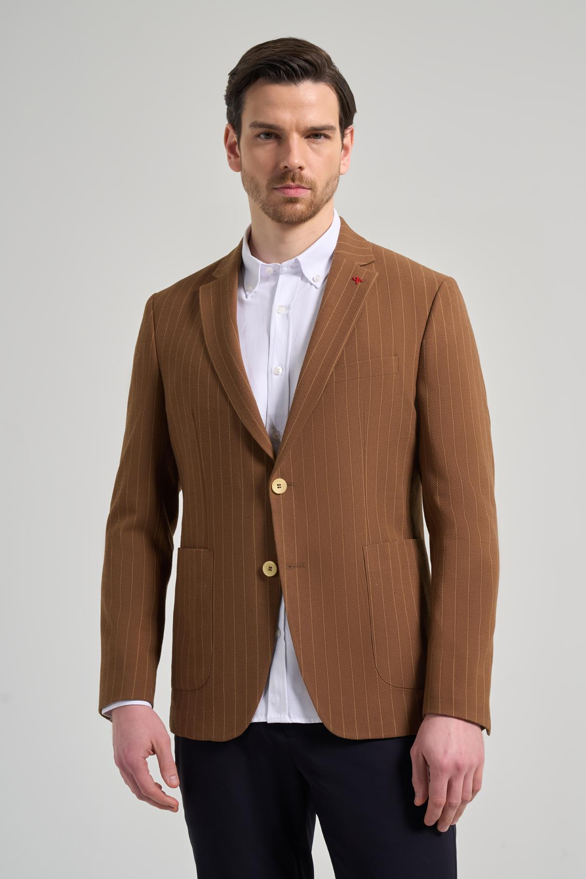 Camel Çizgili Desen Gofreli Mono Yaka Esnek 6 Drop Slim Fit Ceket 1002250122