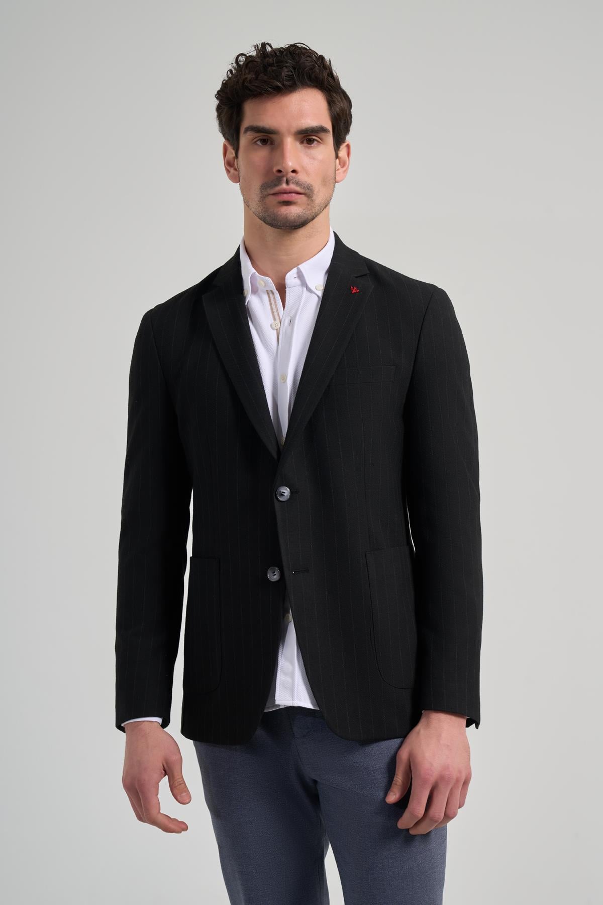 Çizgili Desen Gofreli Mono Yaka Malzemesiz Esnek 6 Drop Slim Fit Ceket 1002250122
