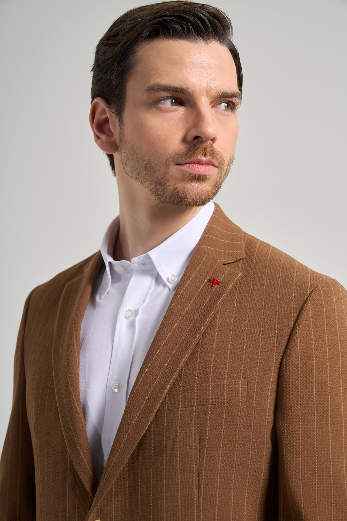 Camel Çizgili Desen Gofreli Mono Yaka Esnek 6 Drop Slim Fit Ceket 1002250122