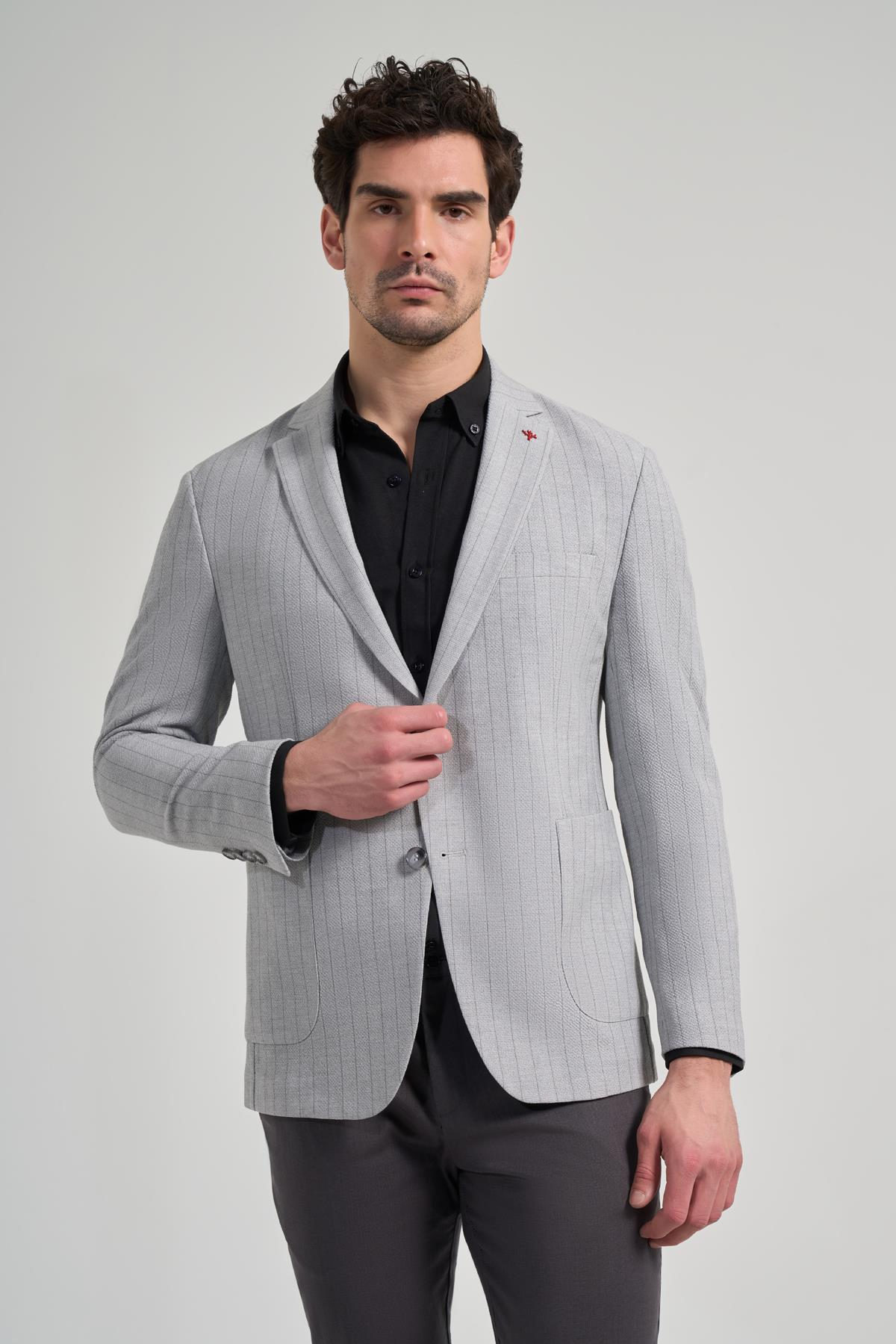Çizgili Desen Gofreli Mono Yaka Malzemesiz Esnek 6 Drop Slim Fit Ceket 1002250122