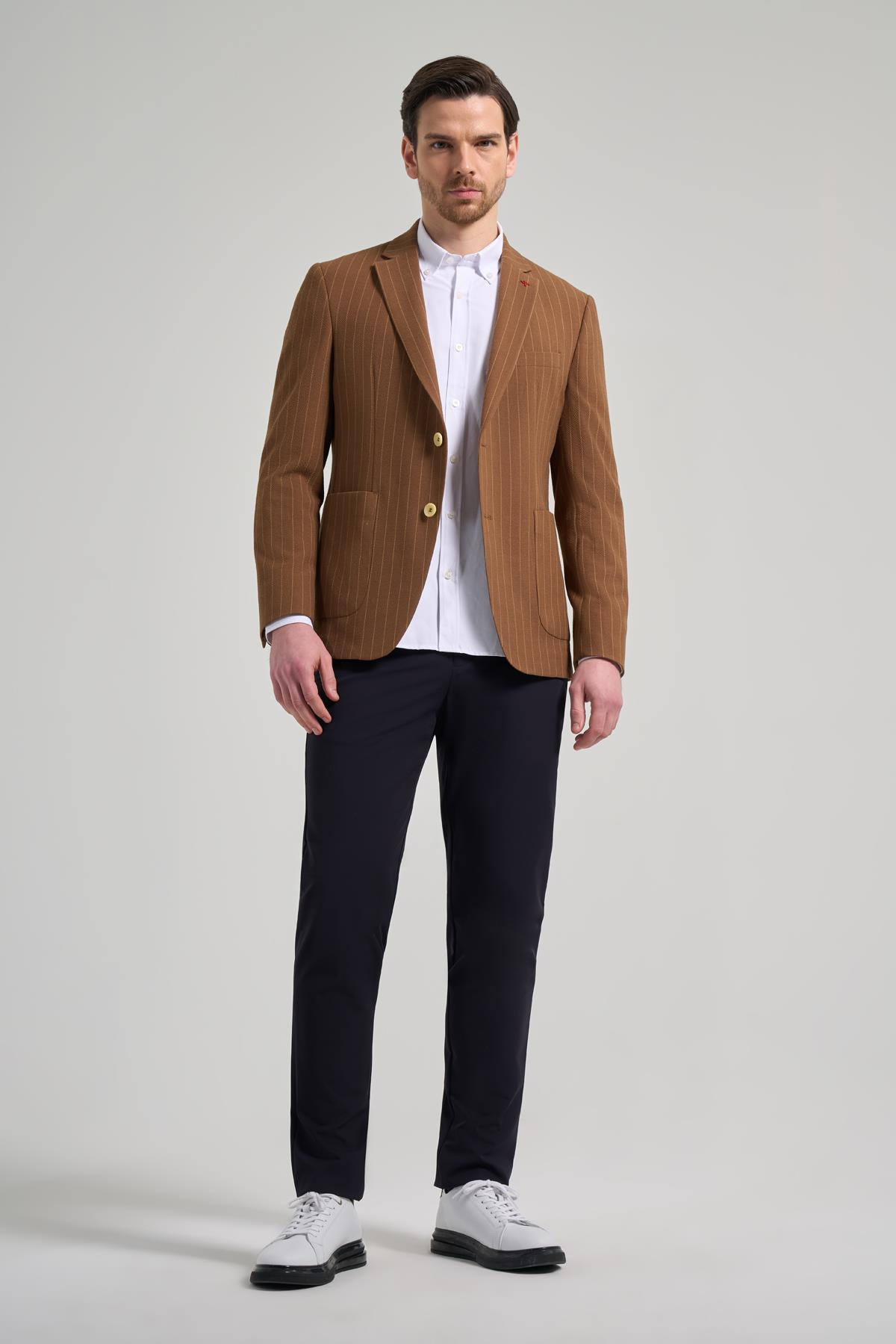 Camel Çizgili Desen Gofreli Mono Yaka Esnek 6 Drop Slim Fit Ceket 1002250122