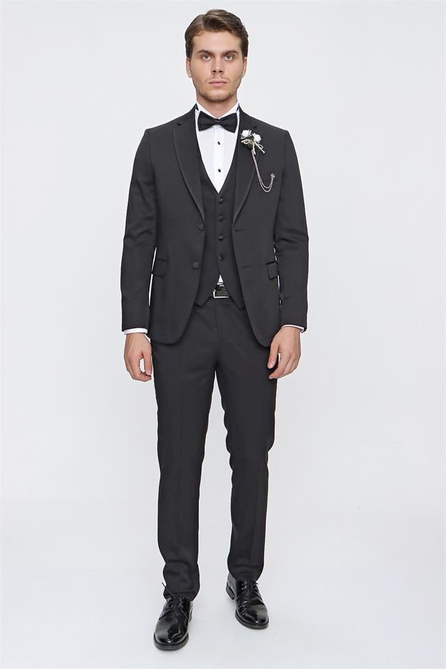 Siyah Armürlü Mono Yaka Astarlı Yelekli 6 Drop Slim Fit Smokin Damatlık 1001220201