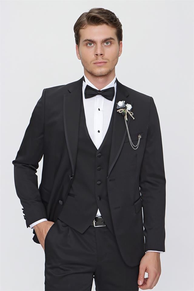 Siyah Armürlü Mono Yaka Astarlı Yelekli 6 Drop Slim Fit Smokin Damatlık 1001220201