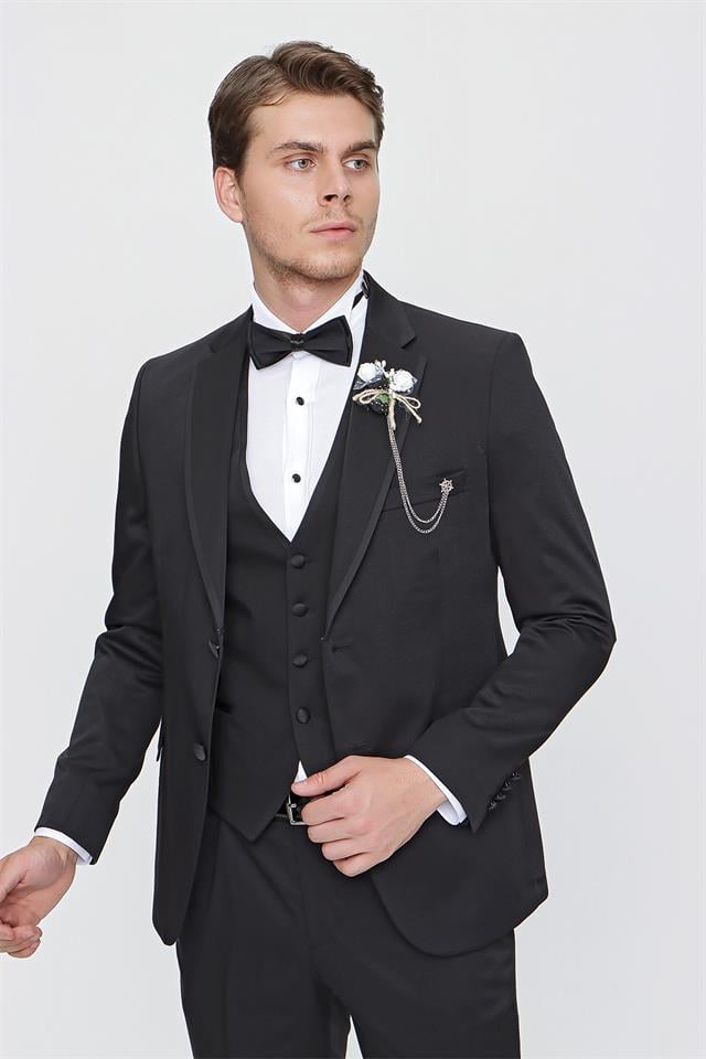 Siyah Armürlü Mono Yaka Astarlı Yelekli 6 Drop Slim Fit Smokin Damatlık 1001220201