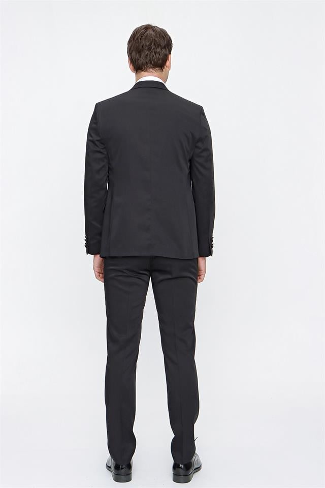 Siyah Armürlü Mono Yaka Astarlı Yelekli 6 Drop Slim Fit Smokin Damatlık 1001220201