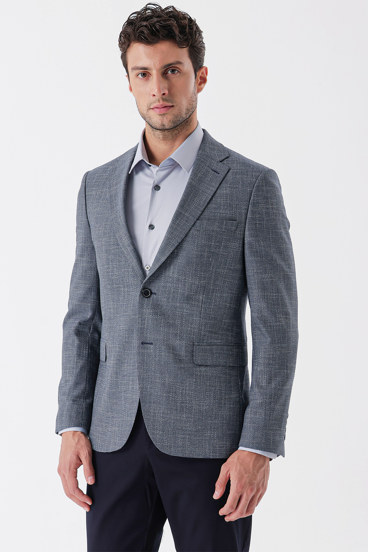 Lacivert Armürlü Mono Yaka Çift Yırtmaç 6 Drop Slim Fit Klasik Ceket 1002235133