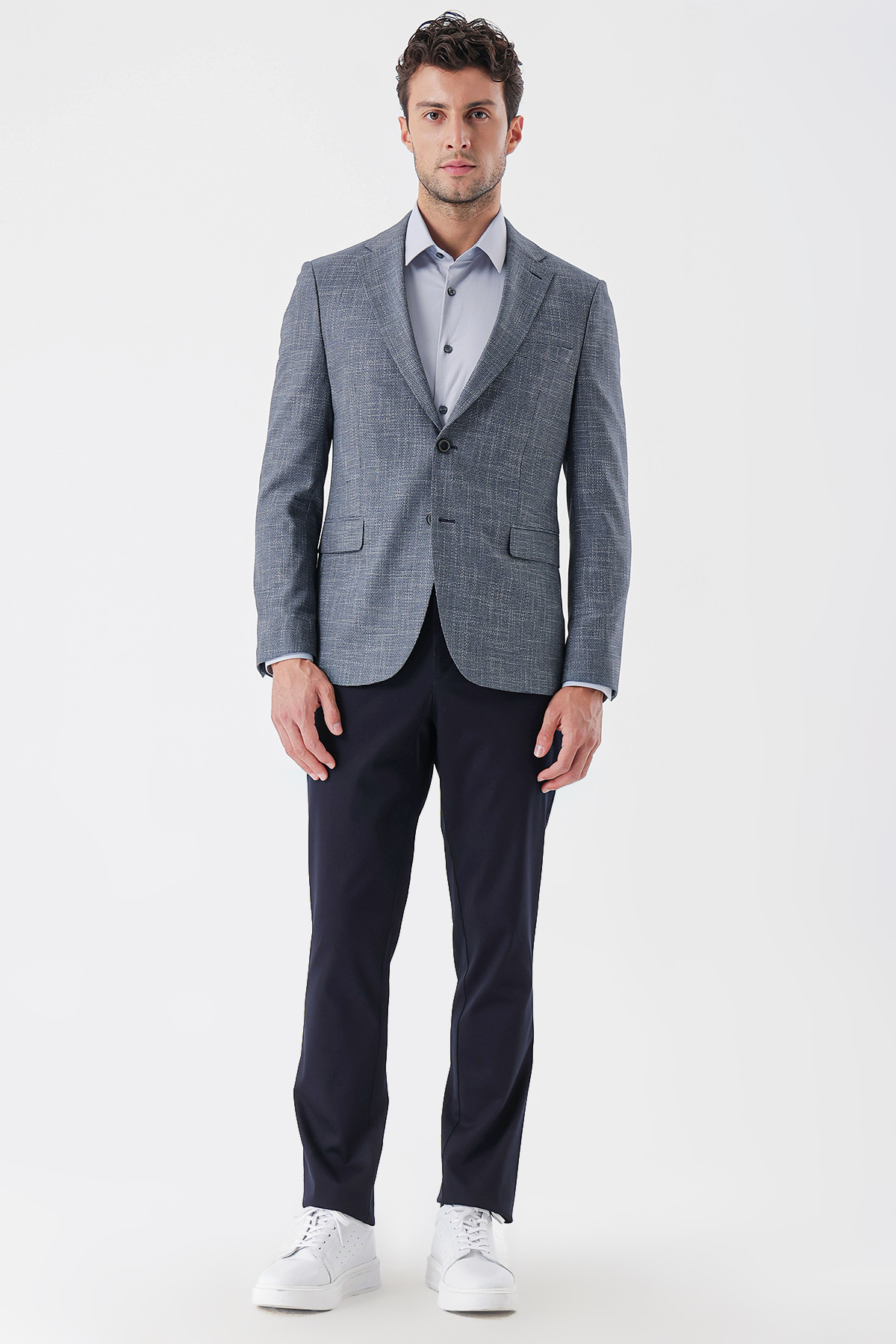 Lacivert Armürlü Mono Yaka Çift Yırtmaç 6 Drop Slim Fit Klasik Ceket 1002235133