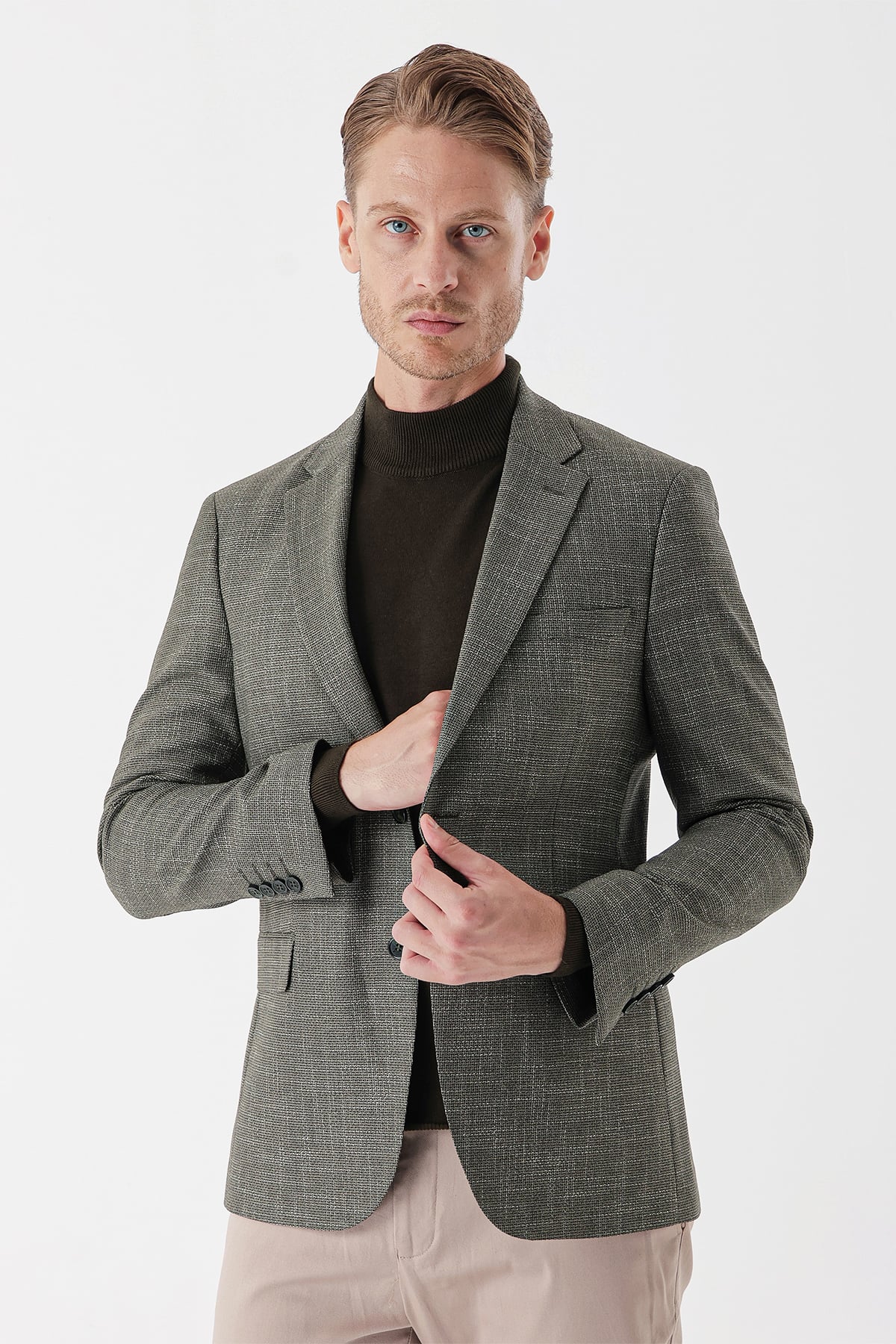 Haki Armürlü Mono Yaka Çift Yırtmaç 6 Drop Slim Fit Klasik Ceket 1002235133