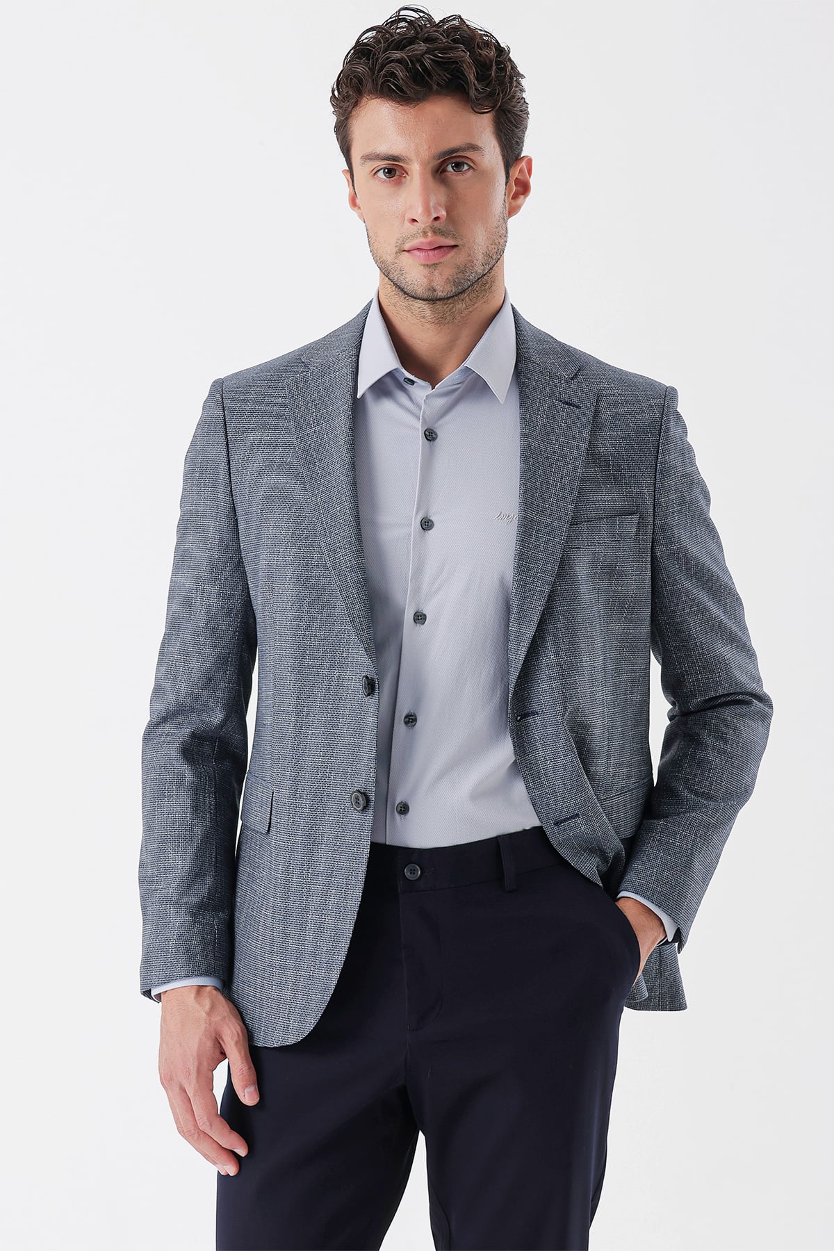 Lacivert Armürlü Mono Yaka Çift Yırtmaç 6 Drop Slim Fit Klasik Ceket 1002235133